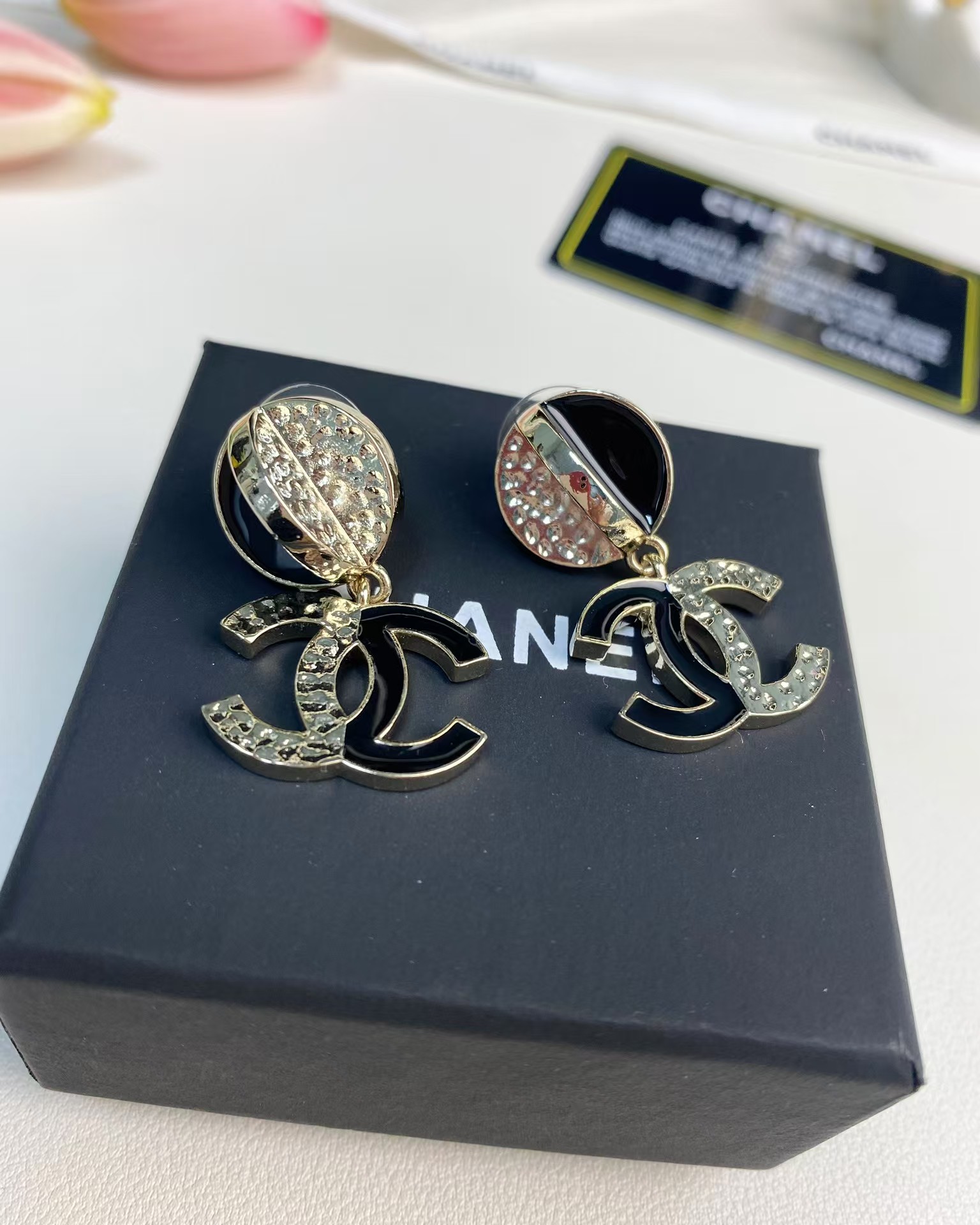 Chanel Half Black Enamel Double C Dangle Earrings - Original Replica Club