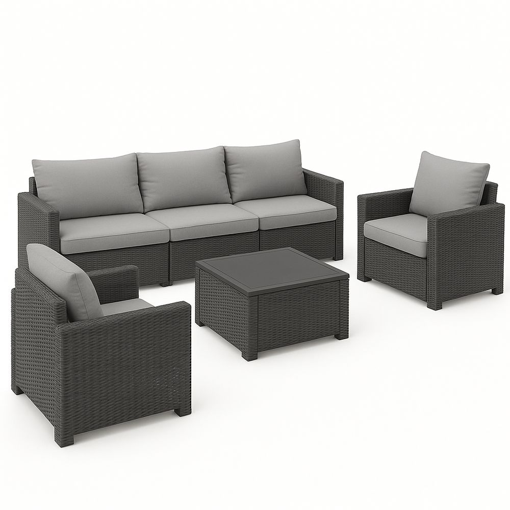 Juego de Muebles de Jardín de Ratán Sintético, Sofá Modular, Mesa de Centro y Sillas con Cojines Grises, Ideal para Jardín y Patio