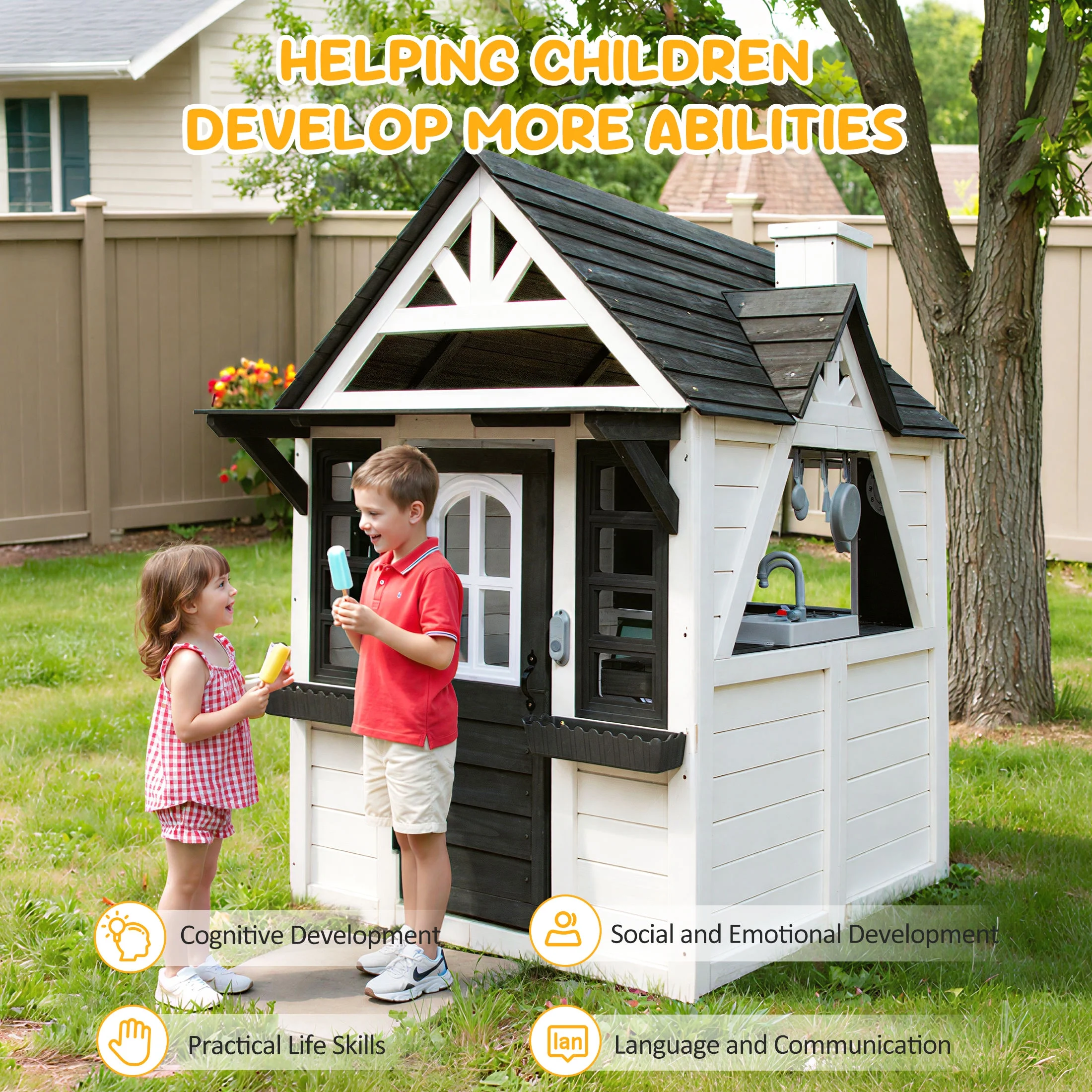 COCLUB Outdoor Playhouse for Kids Ages 4-8, Wooden Play House with Doorbell, Phone, Kitchen Toys, Outdoor Kids Play Equipment, Casa Para Ni?as (45-L x 65-H), White & Black - Image 2