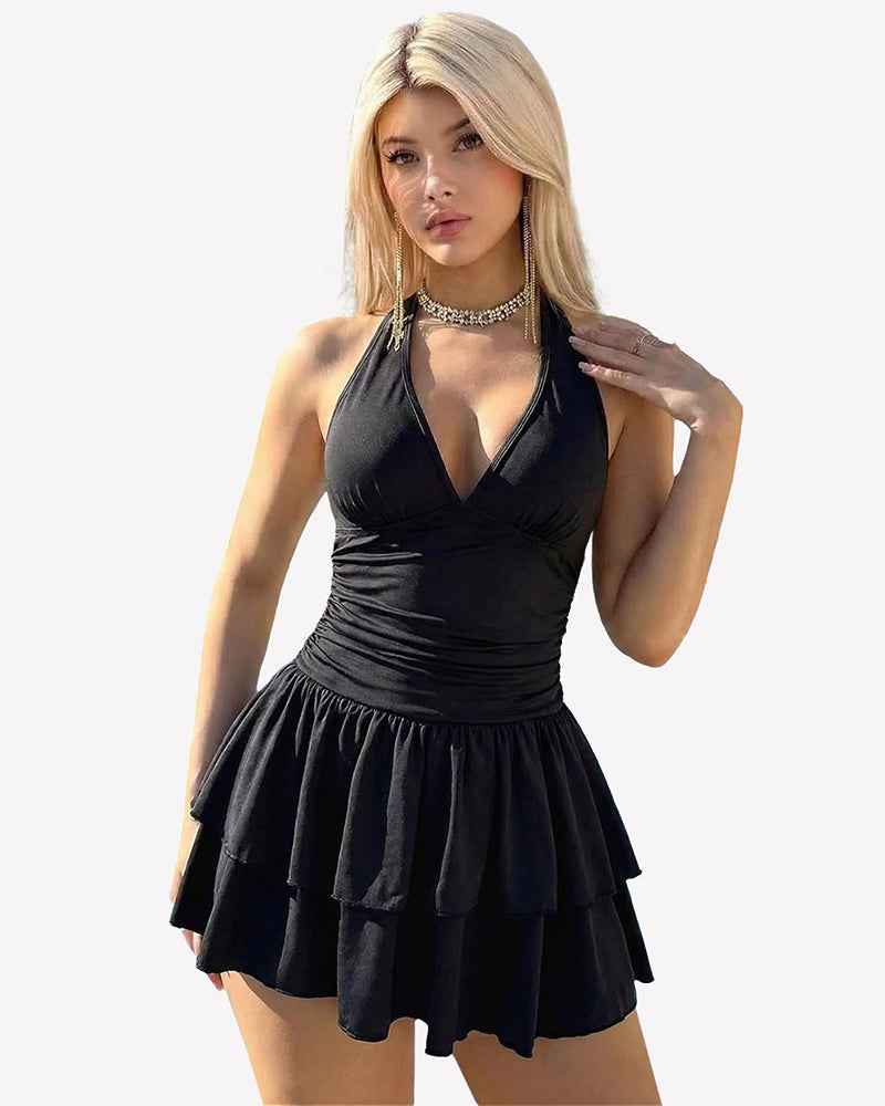 V Neck Ruched Mini Dress Ruffle Hem Short Party Club Dress