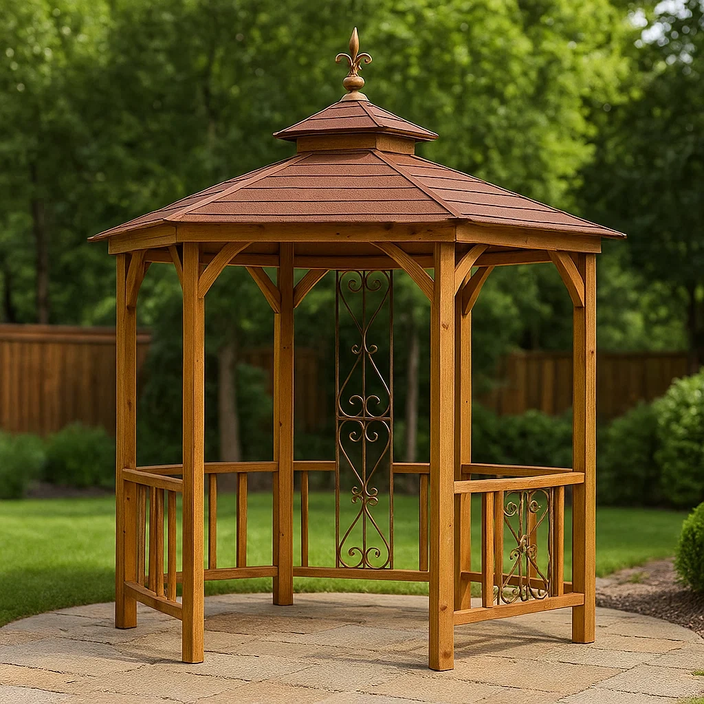 Pérgola hexagonal,madera maciza,color marrón rojizo,techo de doble nivel,instalación autoportante,250x250x290 cm,para jardín o patio - 8j0WOR9GuLXe
