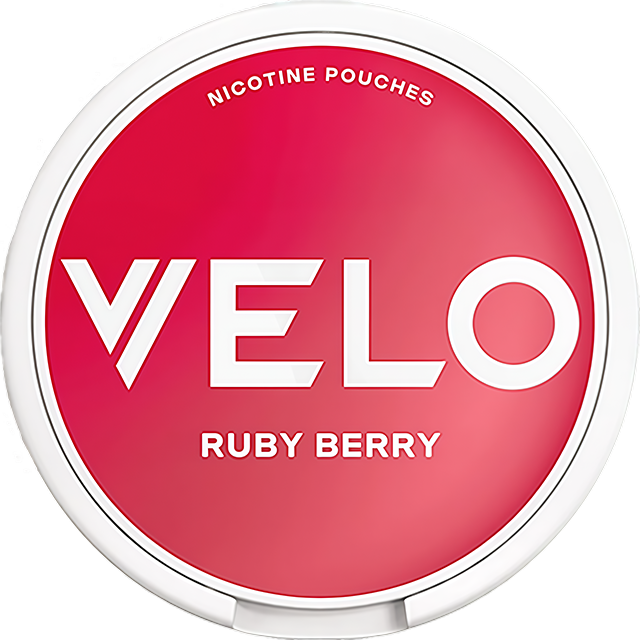 VELO Ruby Berry 14mg nicotine pouches — Slim Moist can with 20 extra strong mixed-berry pouches