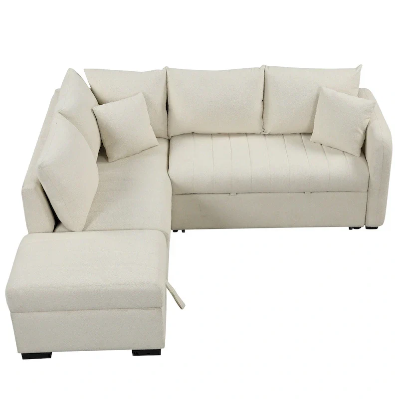 82.6" L-Shaped Sectional Sofa Bed with Pull-Out Feature, USB Ports, Power Sockets, and Movable Storage Ottoman - Bei