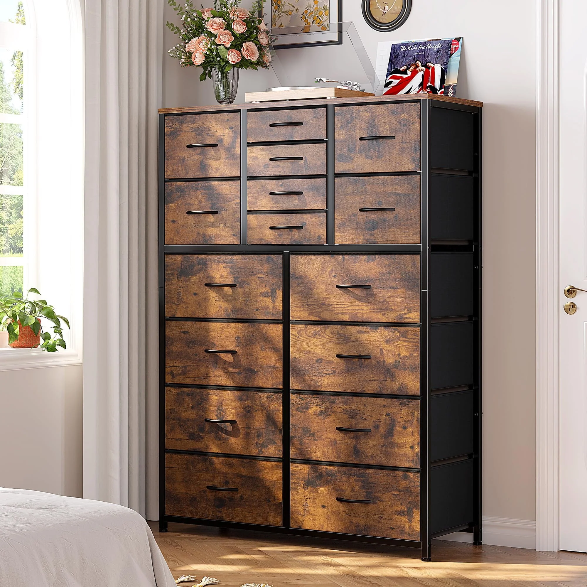 EnHomee Large Dresser for Bedroom Furniture Dresser with 16 Drawers Fabric Tall Dresser Closet Dresser Chest of Drawers Clothes Storage Slim for Living Room Office, Rustic Brown Wood Grain Print - Image 6