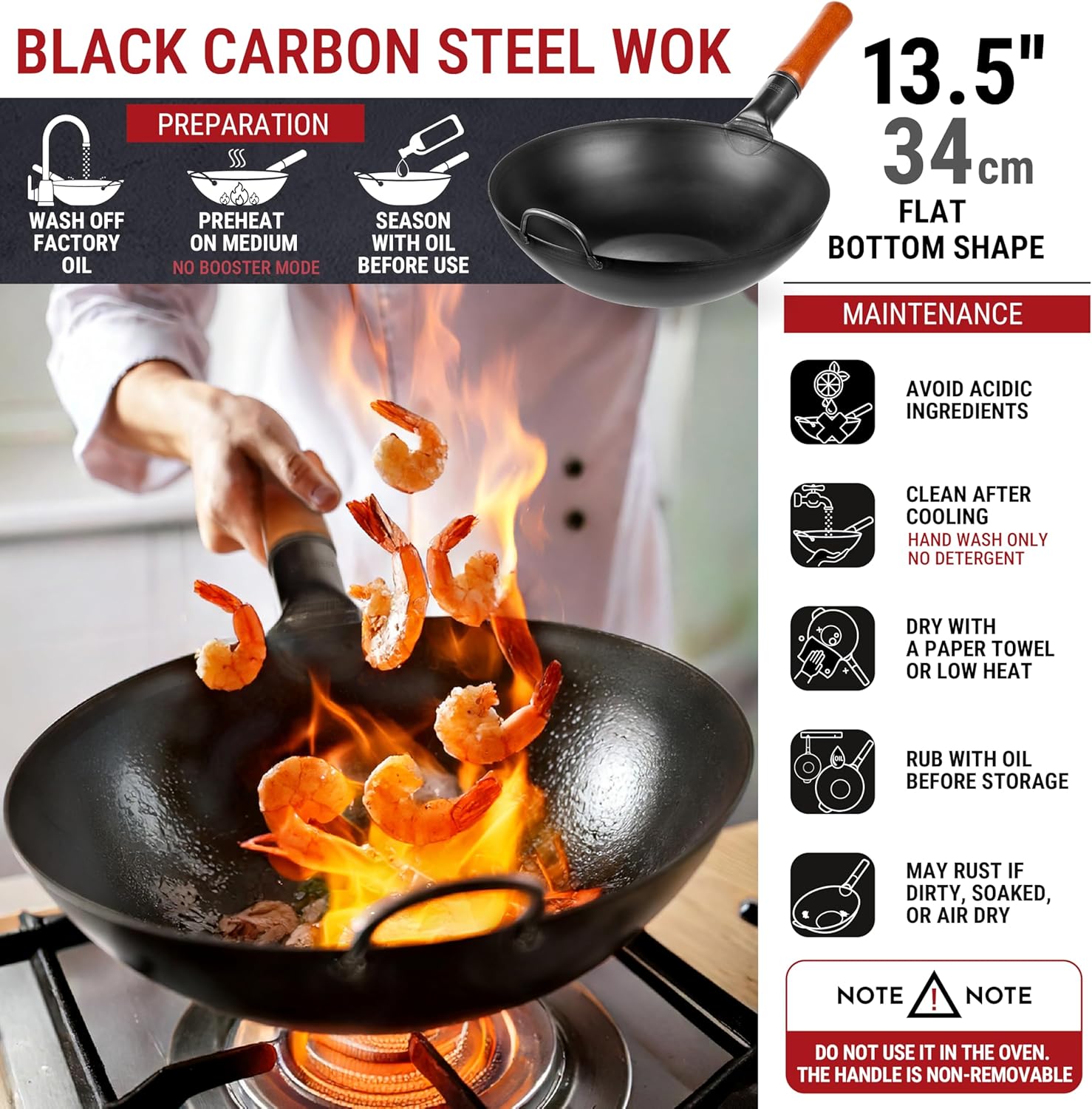 YOSUKATA Carbon Steel Wok and Stir Fry Pans 13,5 “ + 17’’ Wok Spatula and Ladle