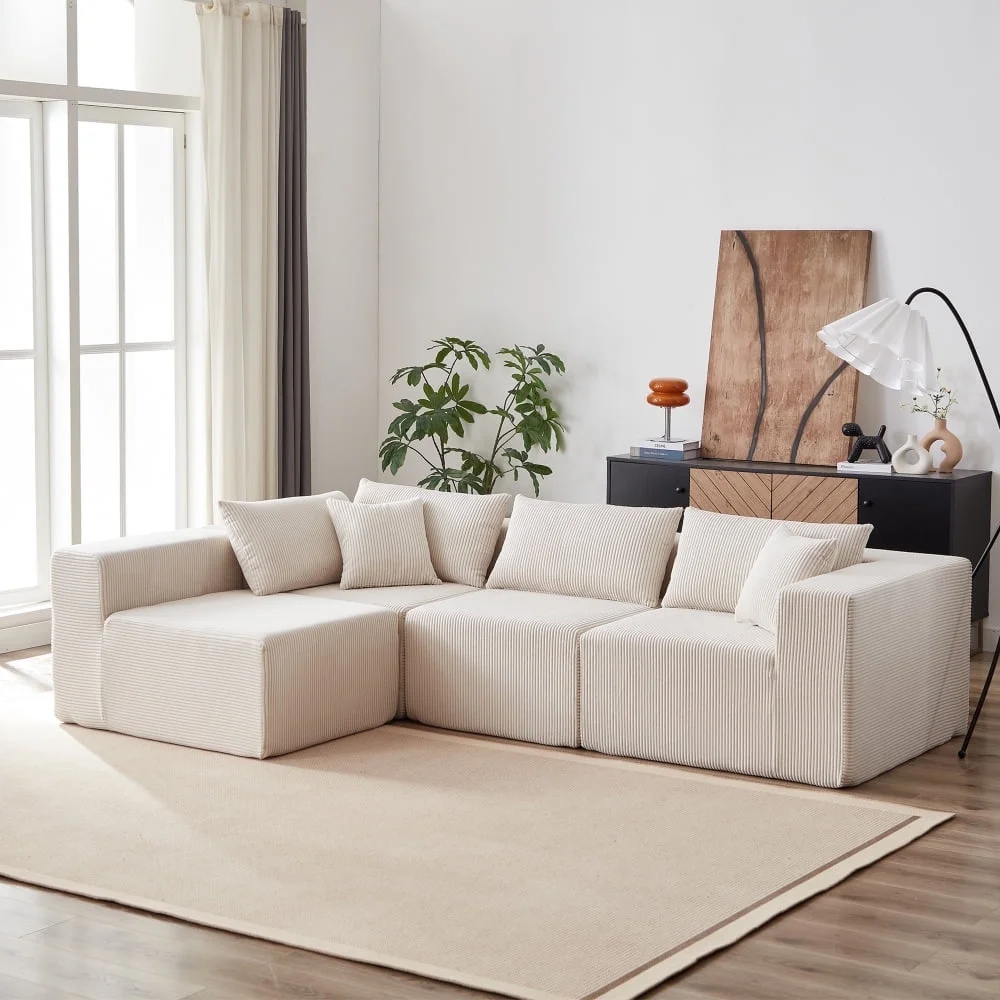 104-Inch Corduroy Modular L Shaped Sectional Sofa,Luxury Floor Couch Set,Upholstered Indoor Furniture,Foam-Filled Compressed Sofa for Living Room,Bedroom,4 PC Free Combination ? - Image 9