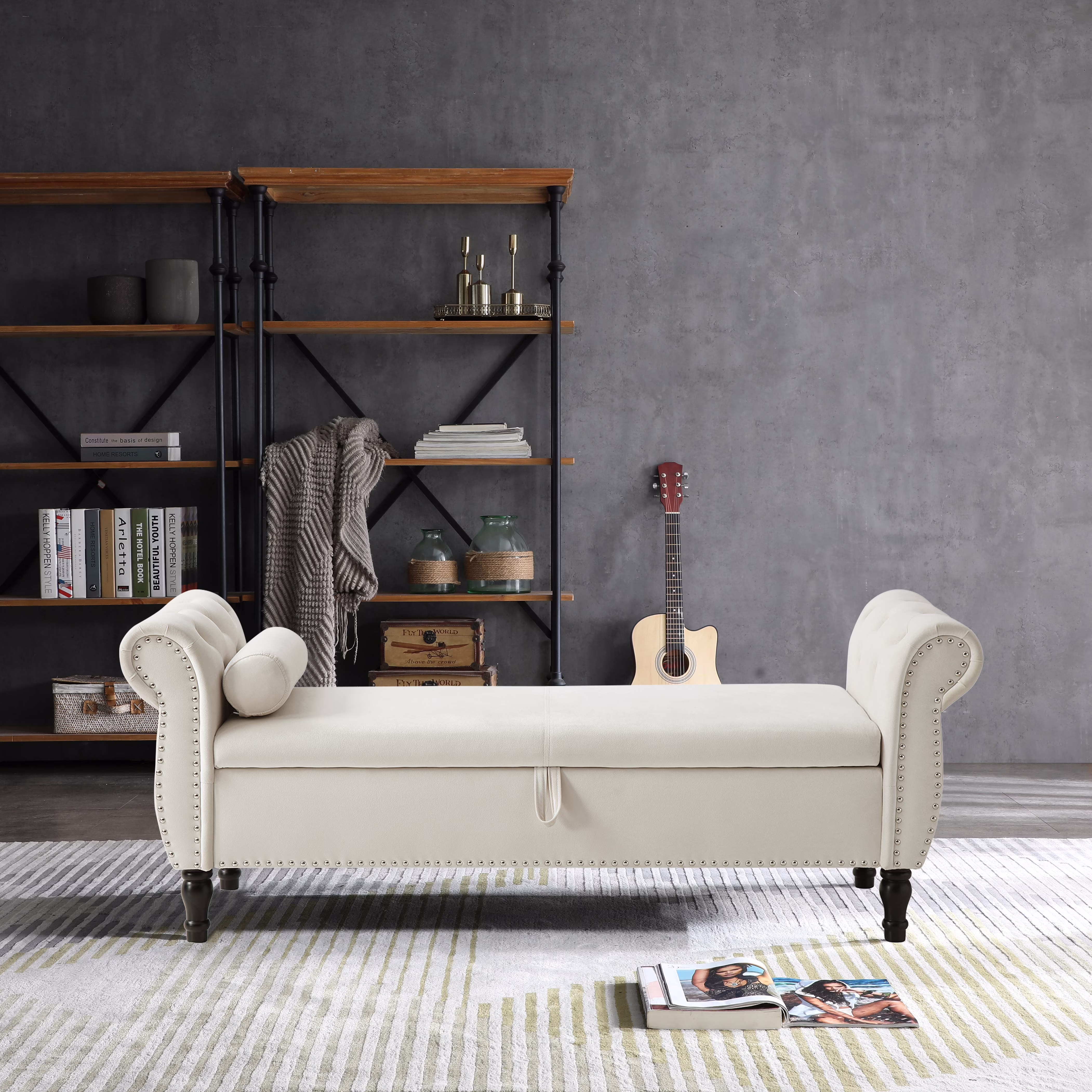 Sumdeal 43.5" Storage Ottoman Bench with 250lb Seating, Linen Upholstered Wood Legs Safety Hinge Flip Top Oval Foot Rest Long Stool for Sofa Couch Bedroom End of Bed Living Room Entryway, White - Image 24