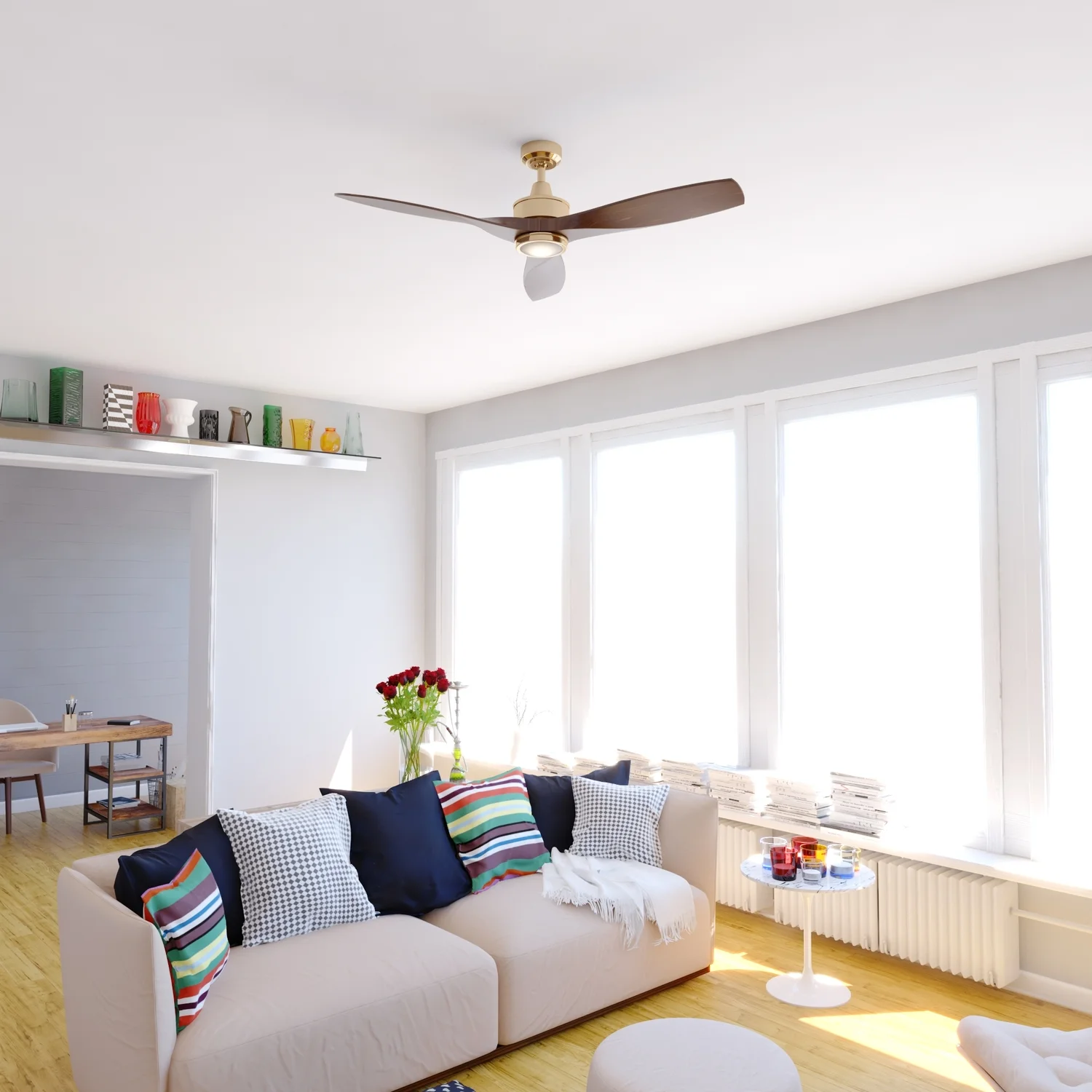 Vaxcel Curtiss Satin Brass Mid-Century Modern MCM Wood Propeller Ceiling Fan with LED Light Kit and Remote - Image 6