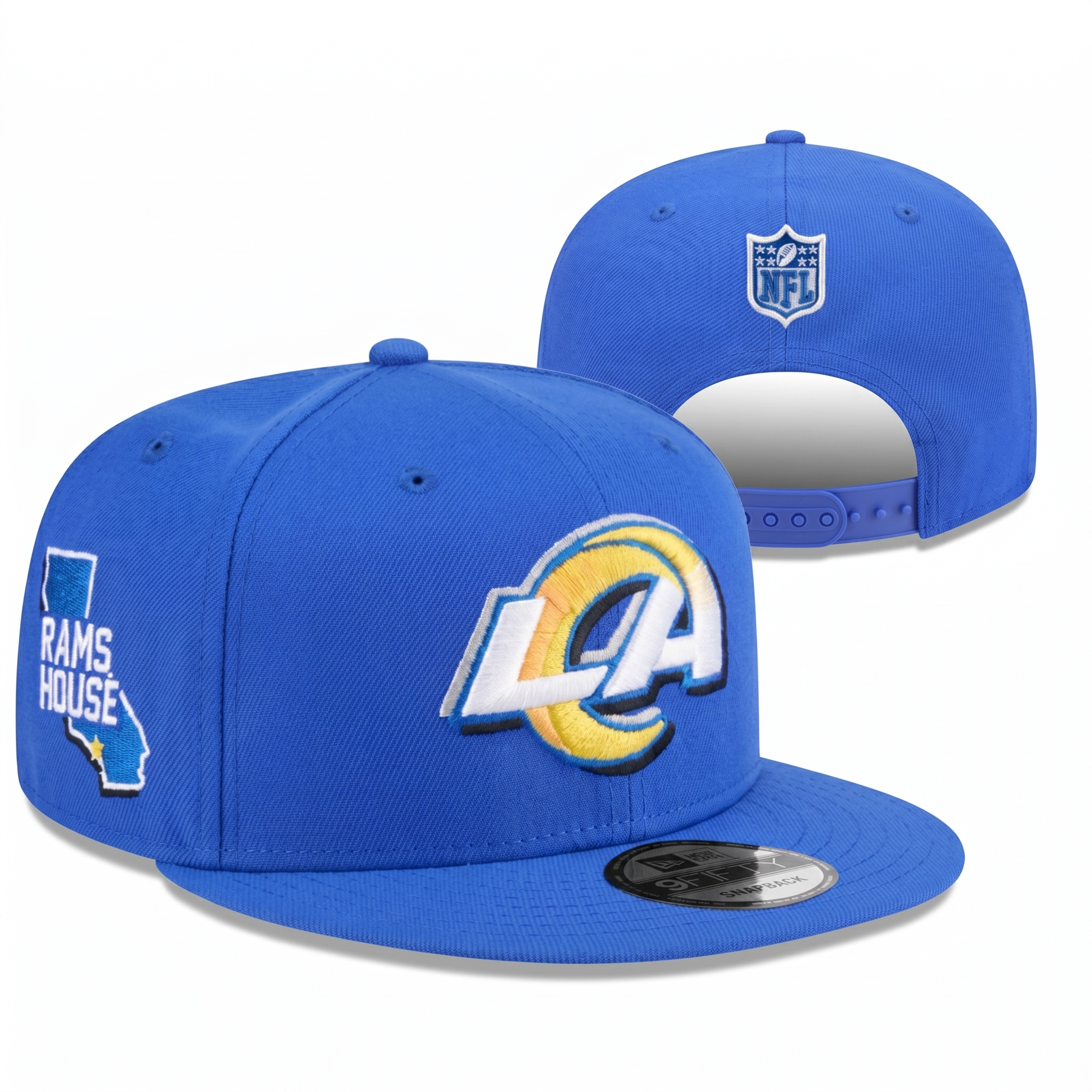 Front and back views of a blue Los Angeles Rams snapback hat displaying the main LA logo, side patch, and back NFL shield