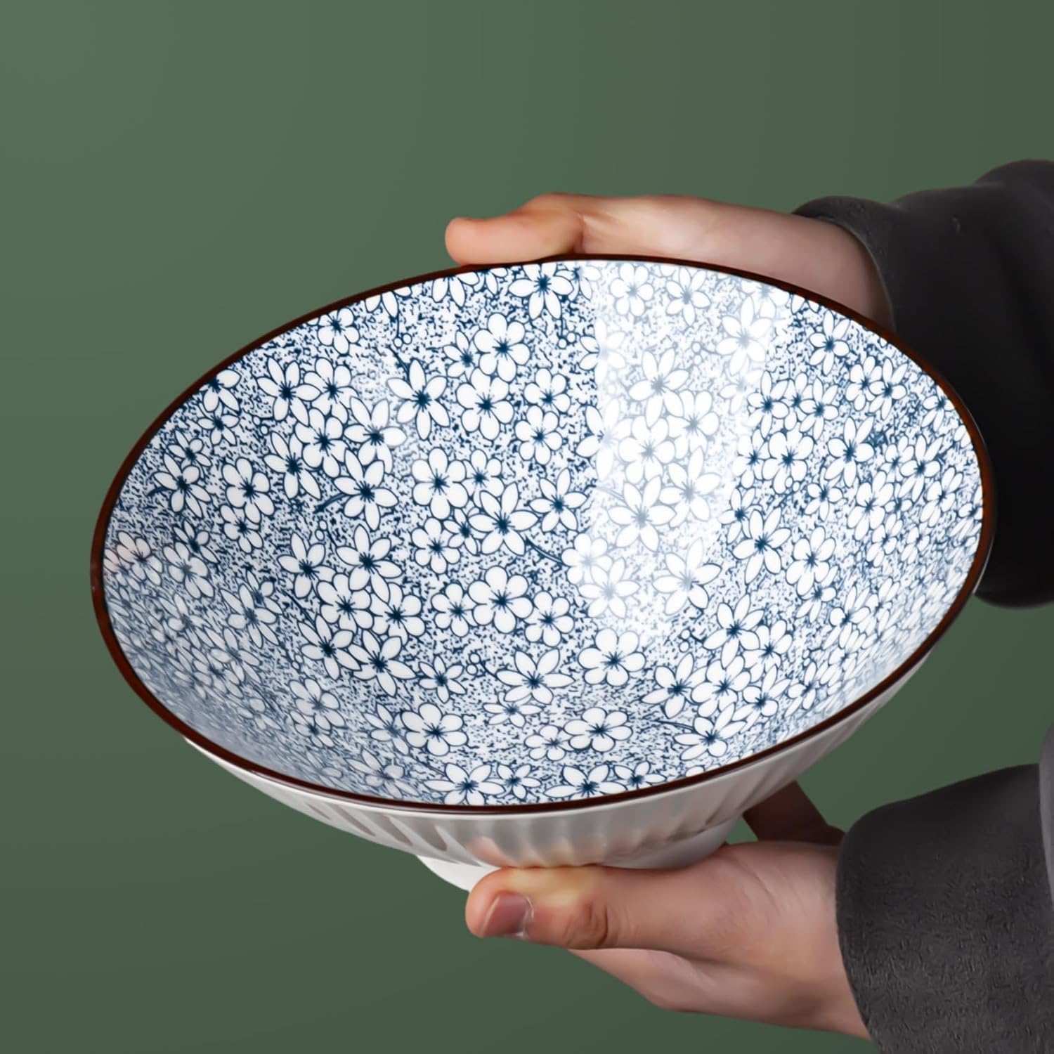 38 oz Japanese Ramen Bowl Set of 6 - Large 8 Inch Ceramic Soup Bowls, Blue and White Japanese Noodle Bowls for Pho, Ramen, and Salad - Cherry Blossom Floral Patterns
