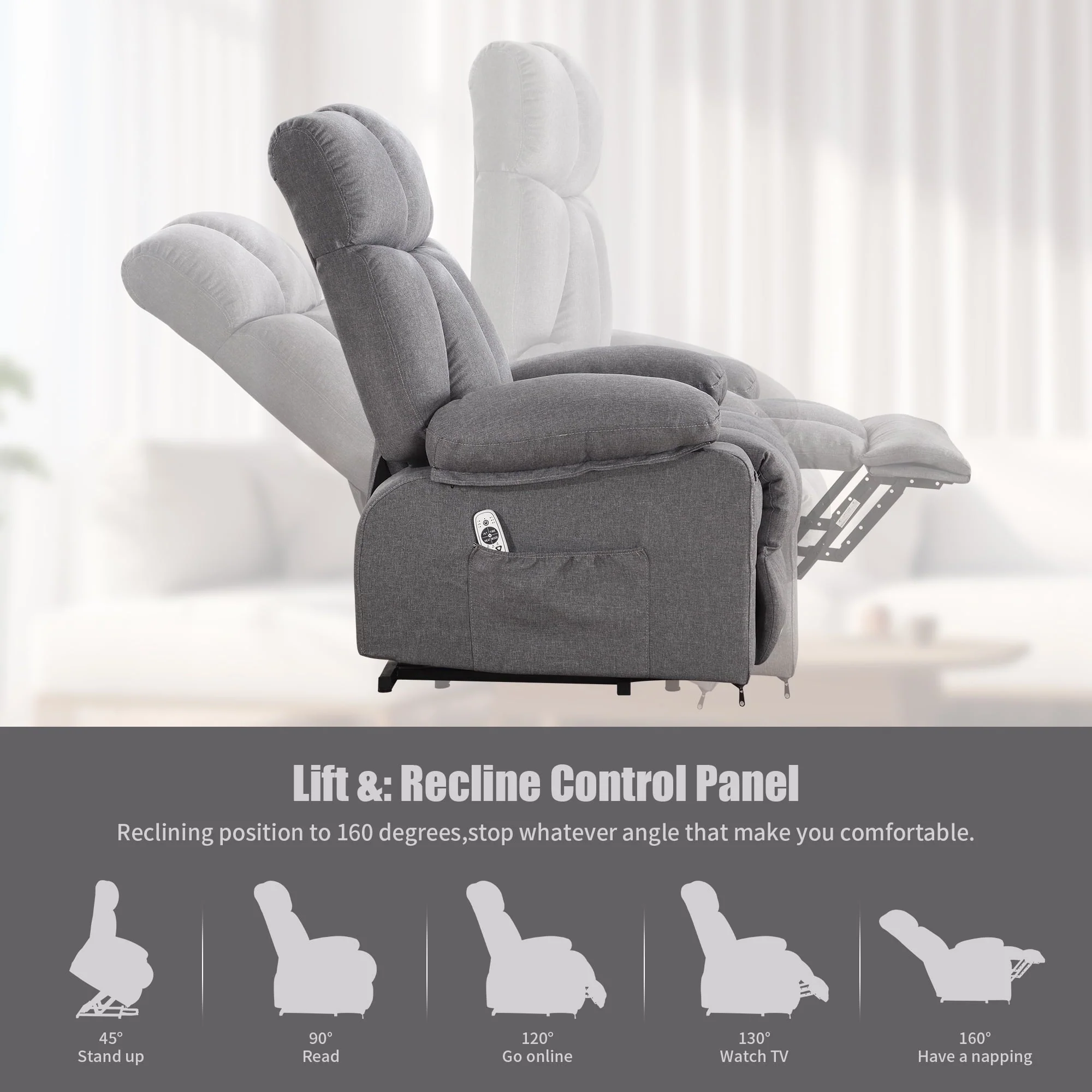 JONPONY Power Lift Recliner Chair Recliners for Elderly with Heat and Massage Recliner Chair for Living Room with Infinite Position and Side Pocket,USB Charge Port,Grey - Image 9