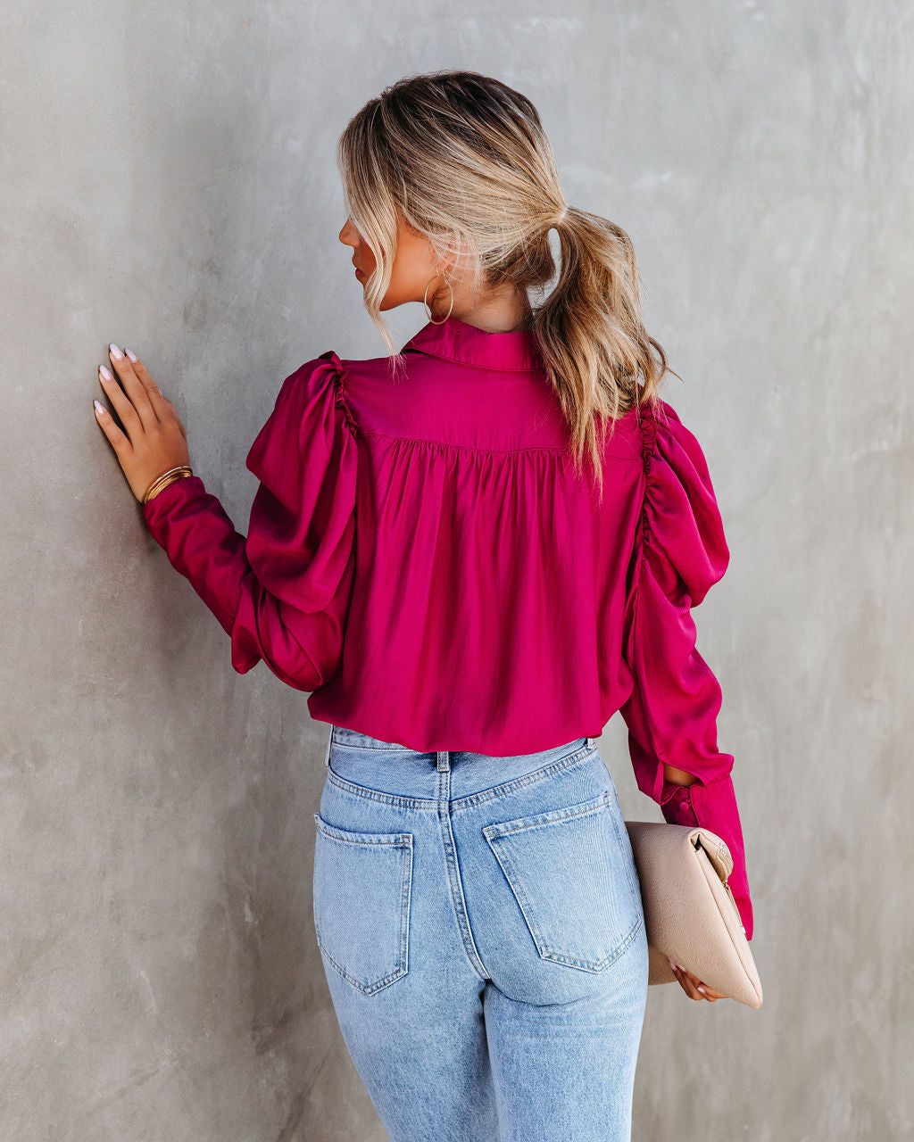 Southern Belle Puff Sleeve Button Down Top - Rose - SALE - Se7enfashion