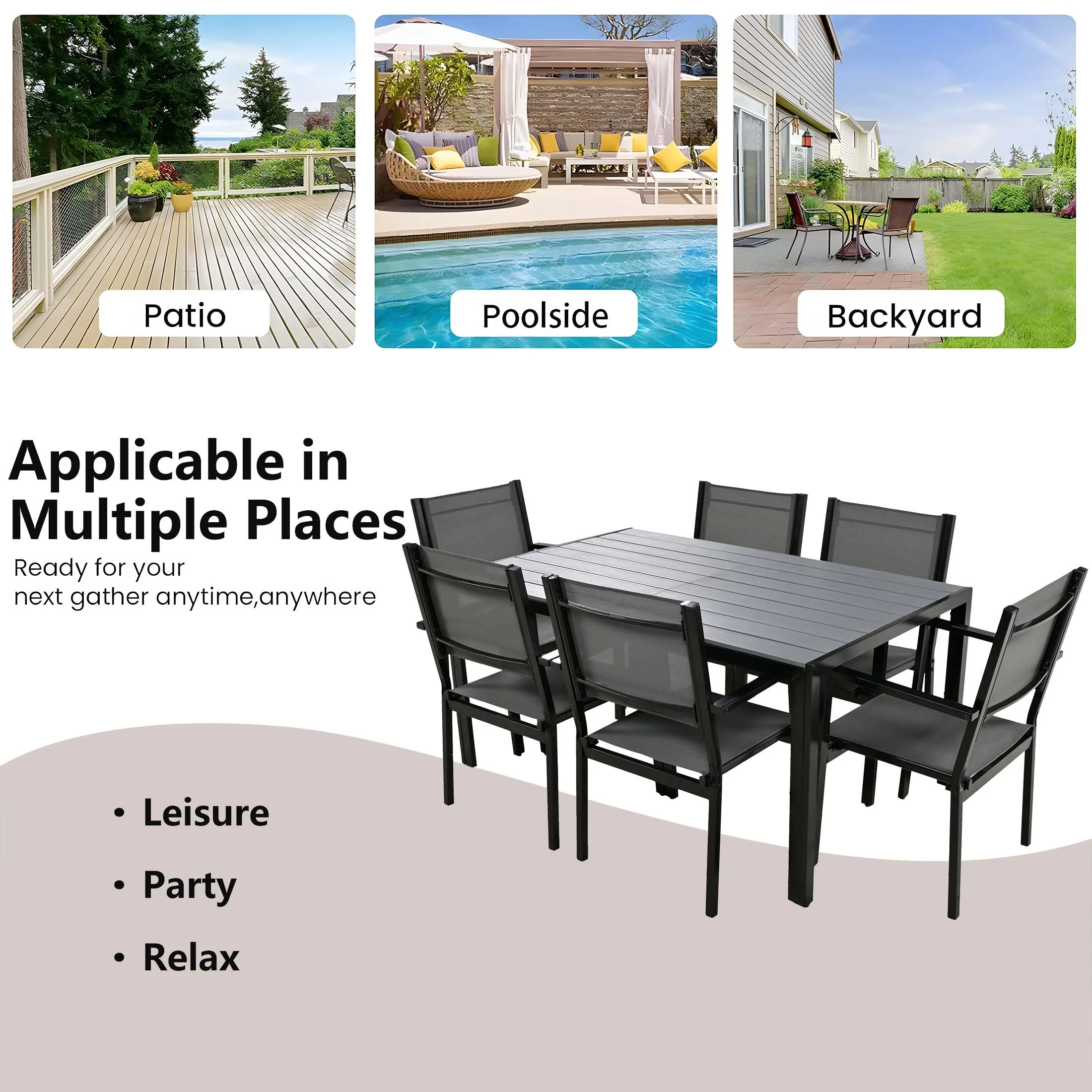 7 Piece Outdoor Dining Set, Patio Dining Table Set for 6 Persons, Garden Patio Textilene Dining Furniture Set with Plastic-Wood Tabletop, Dining Table Chairs Conversation Set for Deck Patio - Image 40