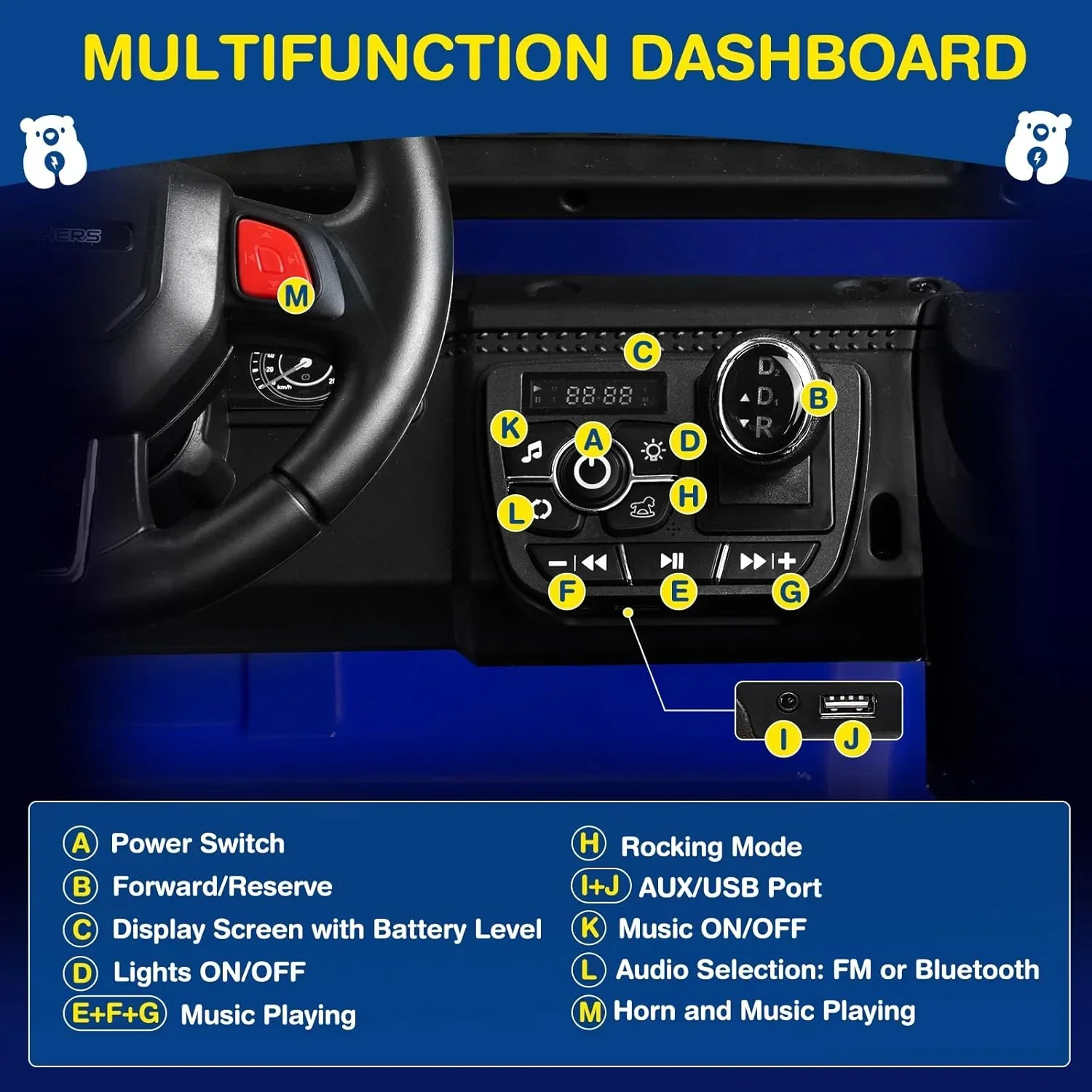 L8 Ride On Car 2 Seater 12V Kids Electric Car Remote Control 4-Wheel Suspension Bluetooth Speaker