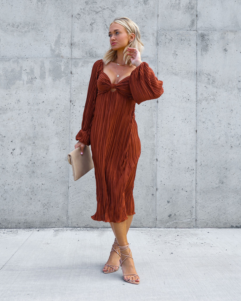 Very Impressed Plisse Cutout Midi Dress - Rust - Se7enfashion