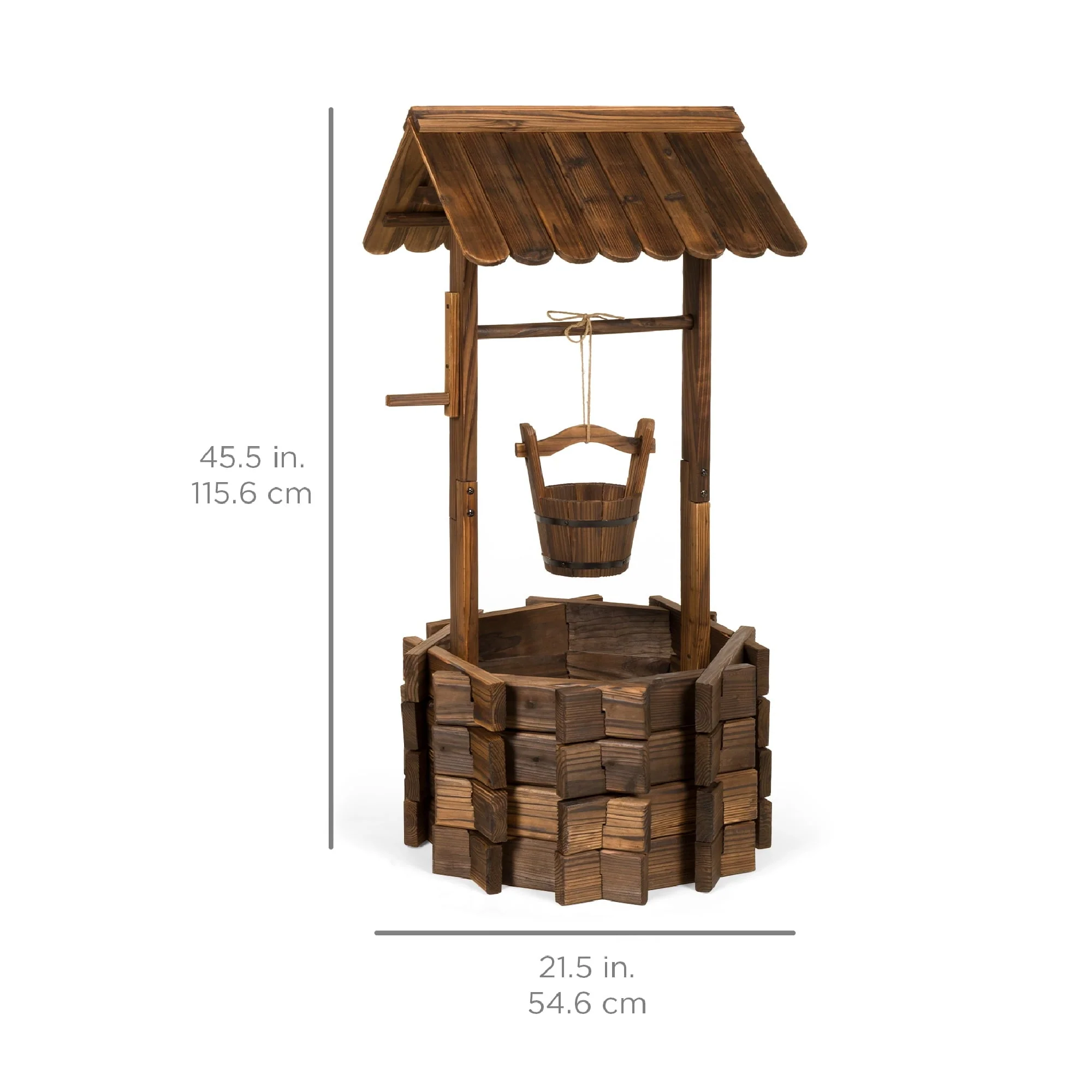 Best Choice Products Rustic Wooden Wishing Well Planter Outdoor Home Decor for Patio, Garden, Yard w/ Hanging Bucket - Image 6