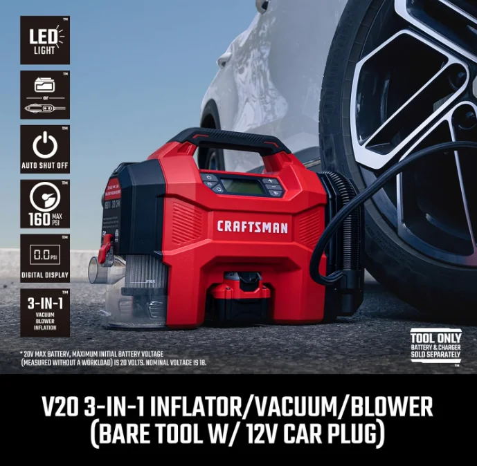 CRAFTSMAN 3-in-1 Tire Inflator, 160PSI Portable Air Compressor/Car Vacuum/Dust Blower, 20V Cordless & 12V Car Power, Air Pump with LED Light for Cars Trucks RV Tires (Battery Sold Separately) - Image 8