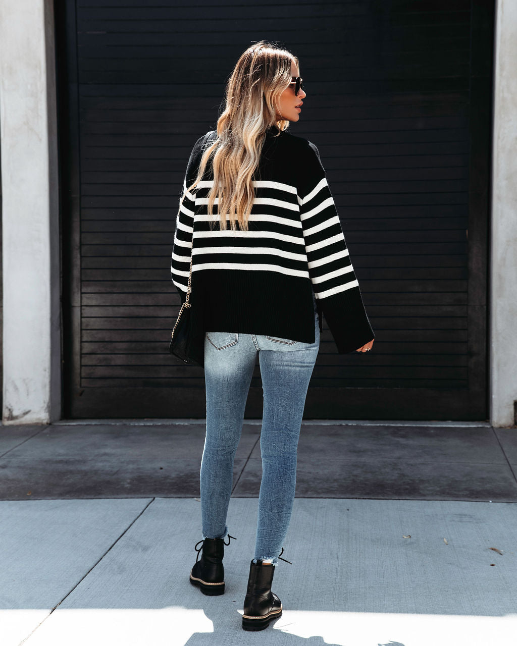 Hamptons Striped Oversized Pullover Sweater - Black - Se7enfashion