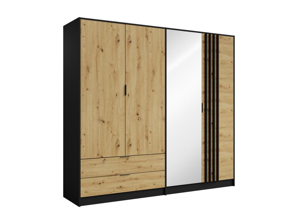 Armario 4 puertas y 2 cajones con espejo - l220 cm - negro y natural