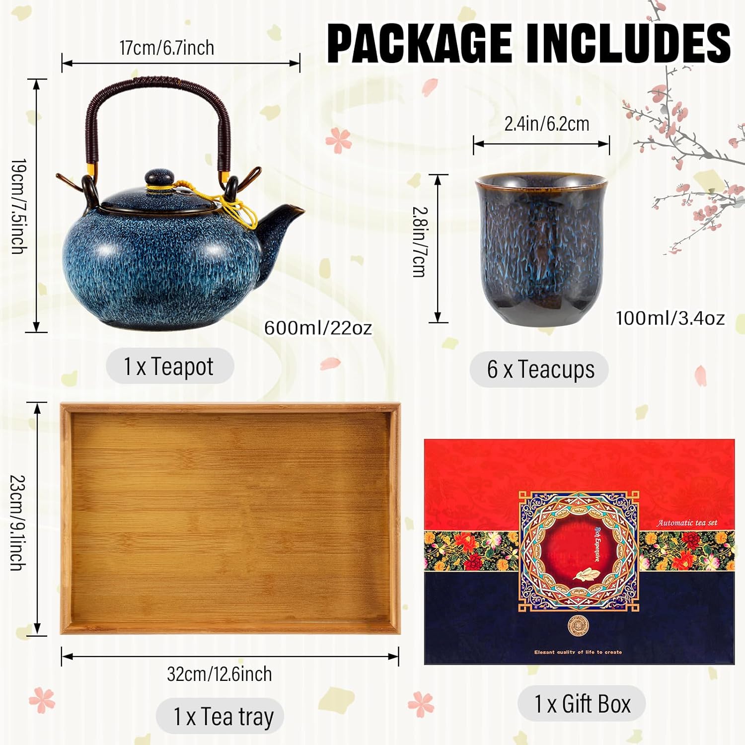 Layhit Japanese Asian Tea Set for Adults with 1 Teapot 6 Cups 1 Tray, 22 oz Traditional Portable Japanese Kiln Altered Glaze Porcelain Tea Set for Women Mother's Day Gifts(Blue)