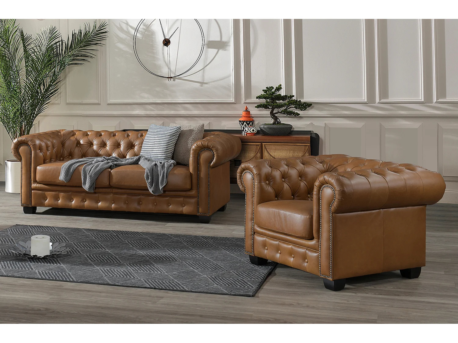 Sillón chesterfield BRENTON 100% piel de búfalo - Caramelo vintage