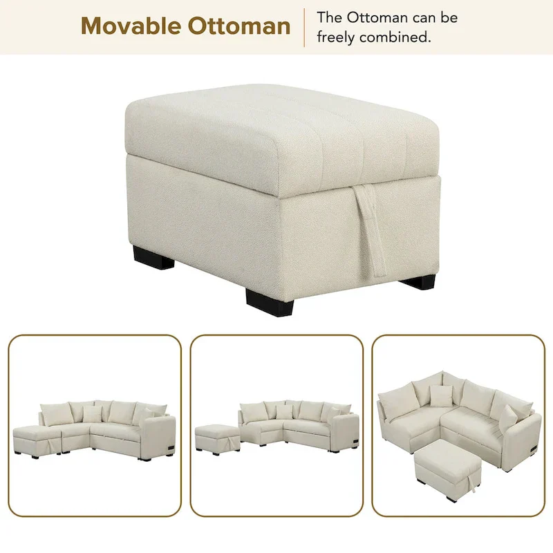 82.6" L-Shaped Sectional Sofa Bed with Pull-Out Feature, USB Ports, Power Sockets, and Movable Storage Ottoman - Bei