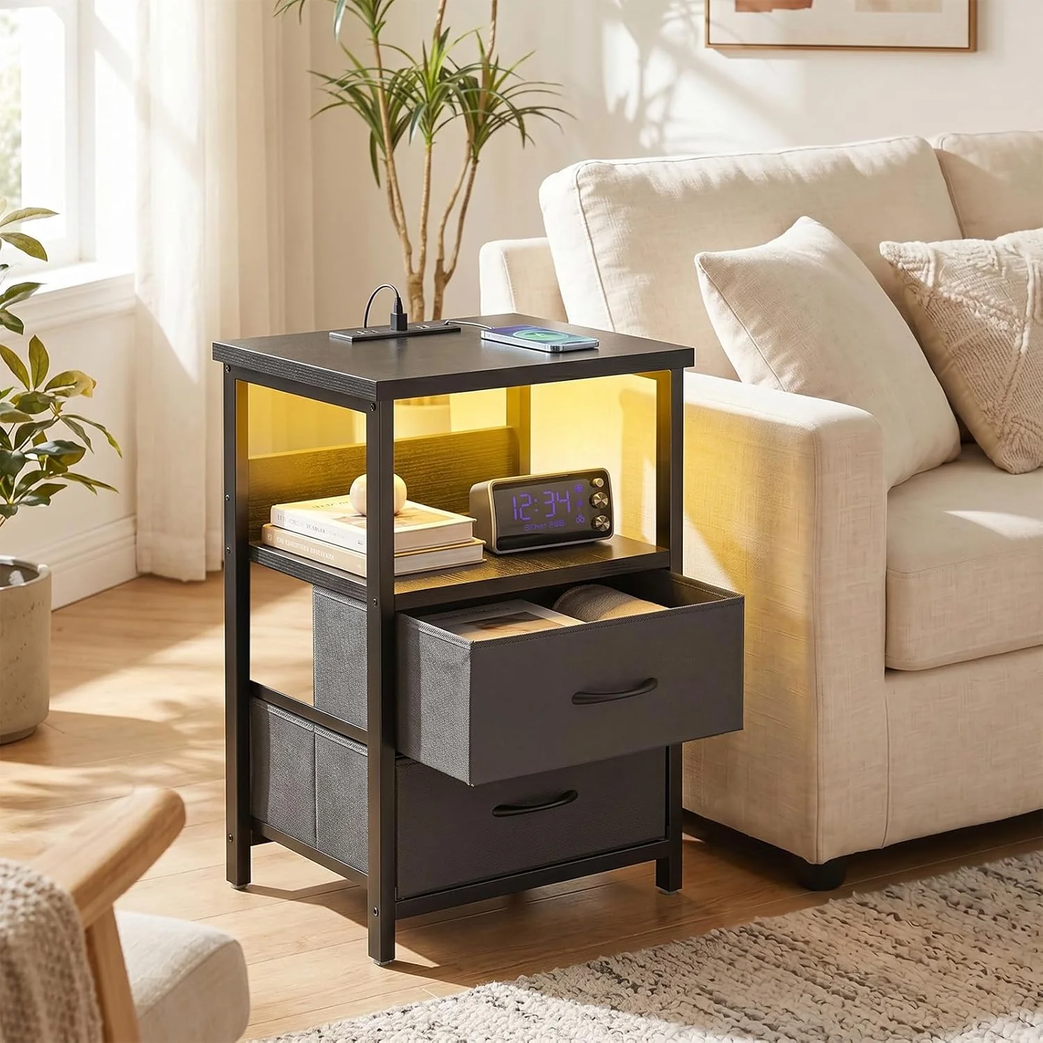 Black Nightstand Set of 2 with Charging Station, RGB LED & 2 Fabric Drawers - Image 2 Black Nightstand Set of 2 with Charging Station, RGB LED & 2 Fabric Drawers - Image 2