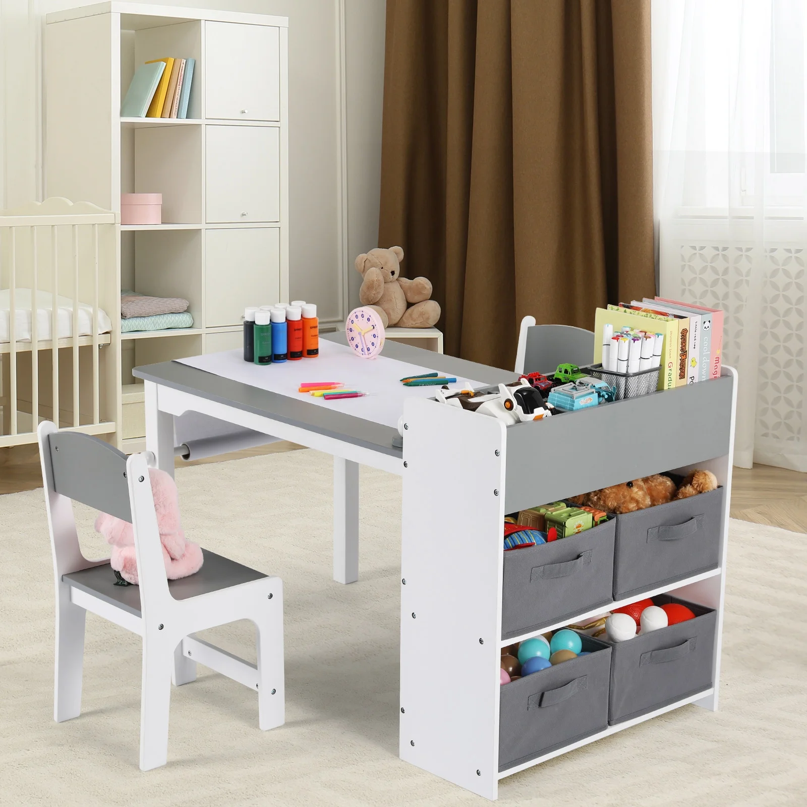 Pirecart Kids Art Table and 2 Chairs Toddler Craft Set Wooden Play Activity Drawing Table with 4 Storage Bins and Paper Roll - Image 13