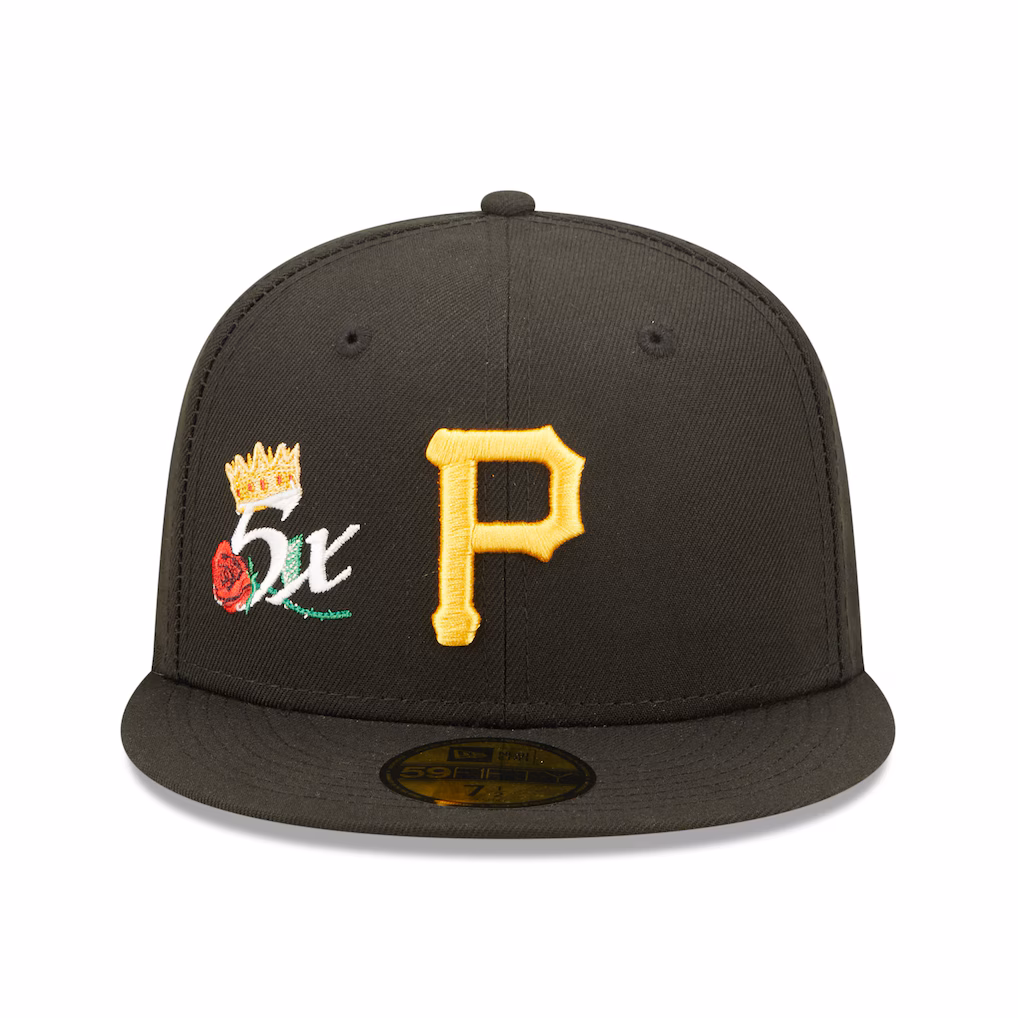 Front view of the Pittsburgh Pirates 59FIFTY cap showing the raised yellow team logo and intricate side patch detailing.