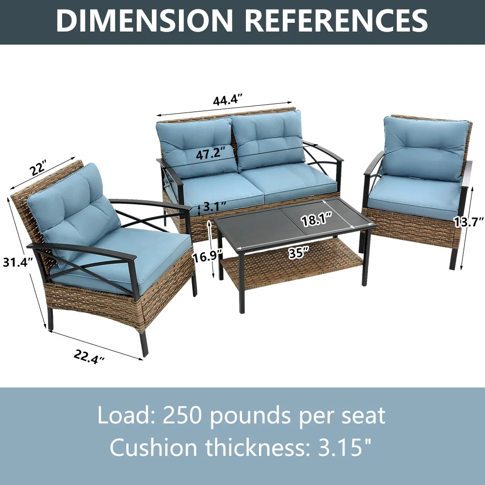 Patio Sofa Set, 4 Pieces Outdoor Sectional Furniture, All-Weather PE Rattan Wicker Patio Conversation Set, Cushioned Sofa Set with Coffee Table for Patio Garden Poolside Deck - Image 34