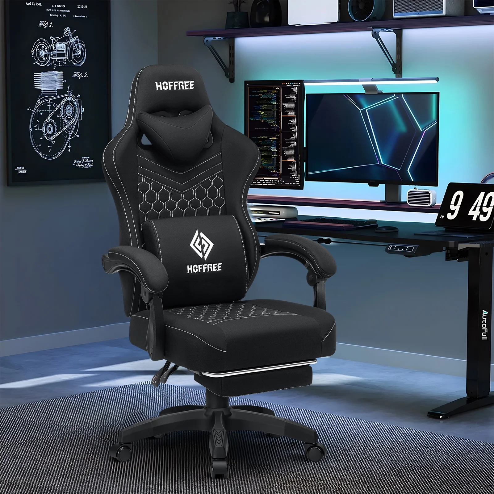 Hoffree Gaming Chair with Massage Fabric Office Chair with footrest for Adults, Ergonomic Gamer Chair with Headrest and Lumbar Support for Office Gaming, 440 LBS - Image 12