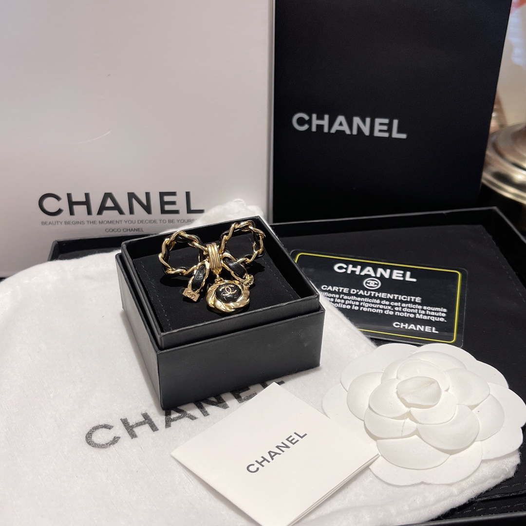 Chanel Black Leather Wrap Gold Bow Brooch - Original Replica Club