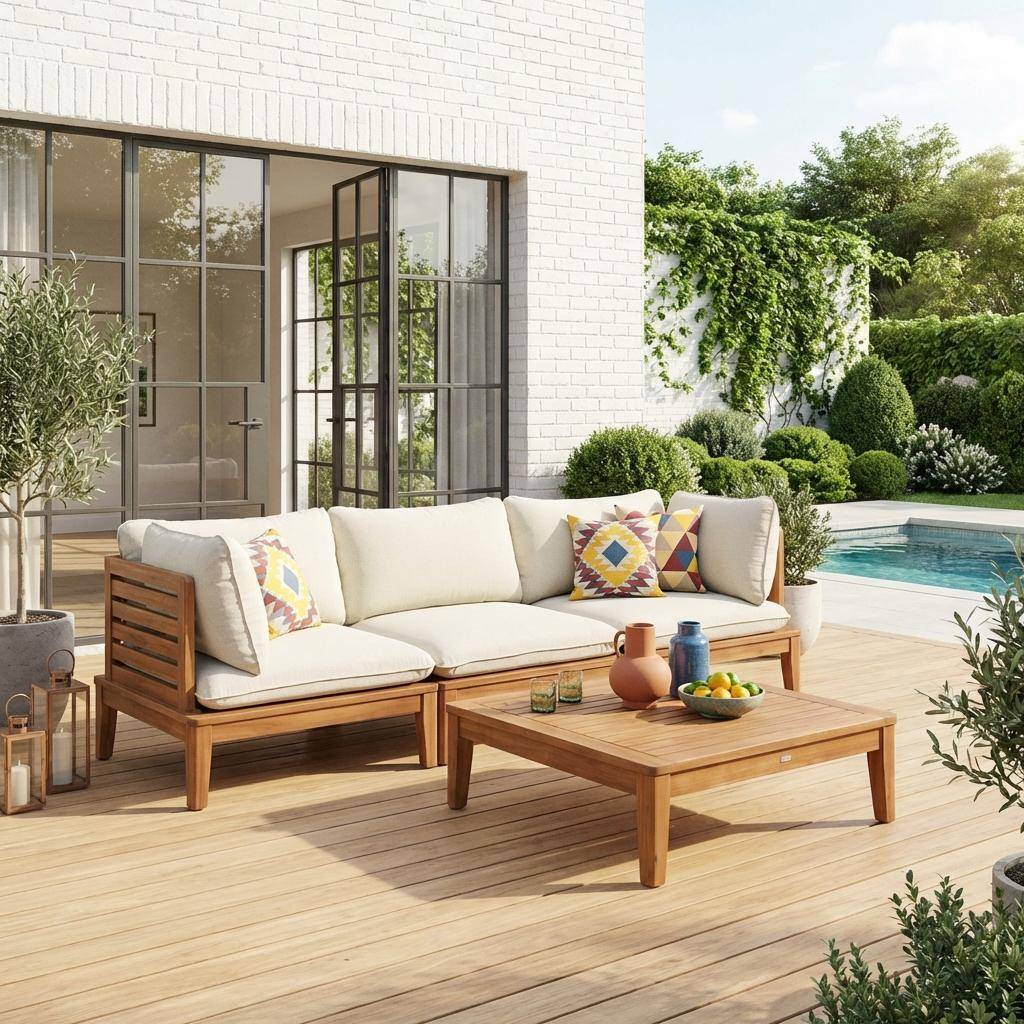 Yona borreguito - Conjunto de muebles de jardín modular de madera de acacia y borreguito, 3 plazas