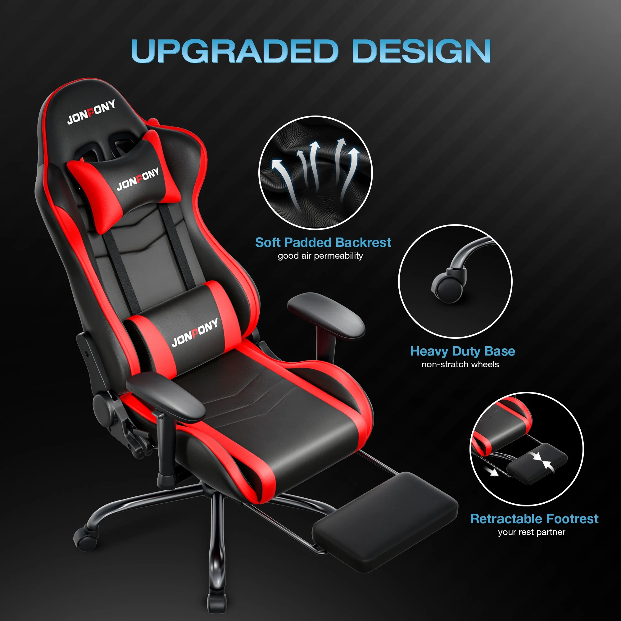 JONPONY Big and Tall 500LBS Gaming Chair, Ergonomic Design, Gamer Chair PU Leather with Footrest and Lumbar Support, High Back Office Chair Support 8 Hours Long Sitting, Computer Chair,Red - Image 8