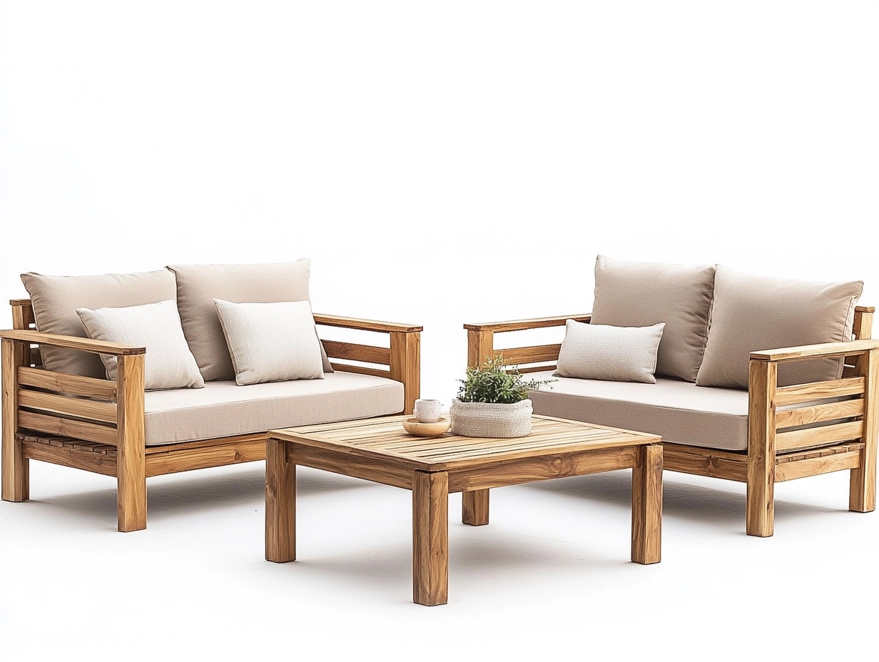 Sofás de jardín en madera de teca natural con mesa de centro estilo moderno ideal para terraza y exterior 120x70 cm color beige aa5099552