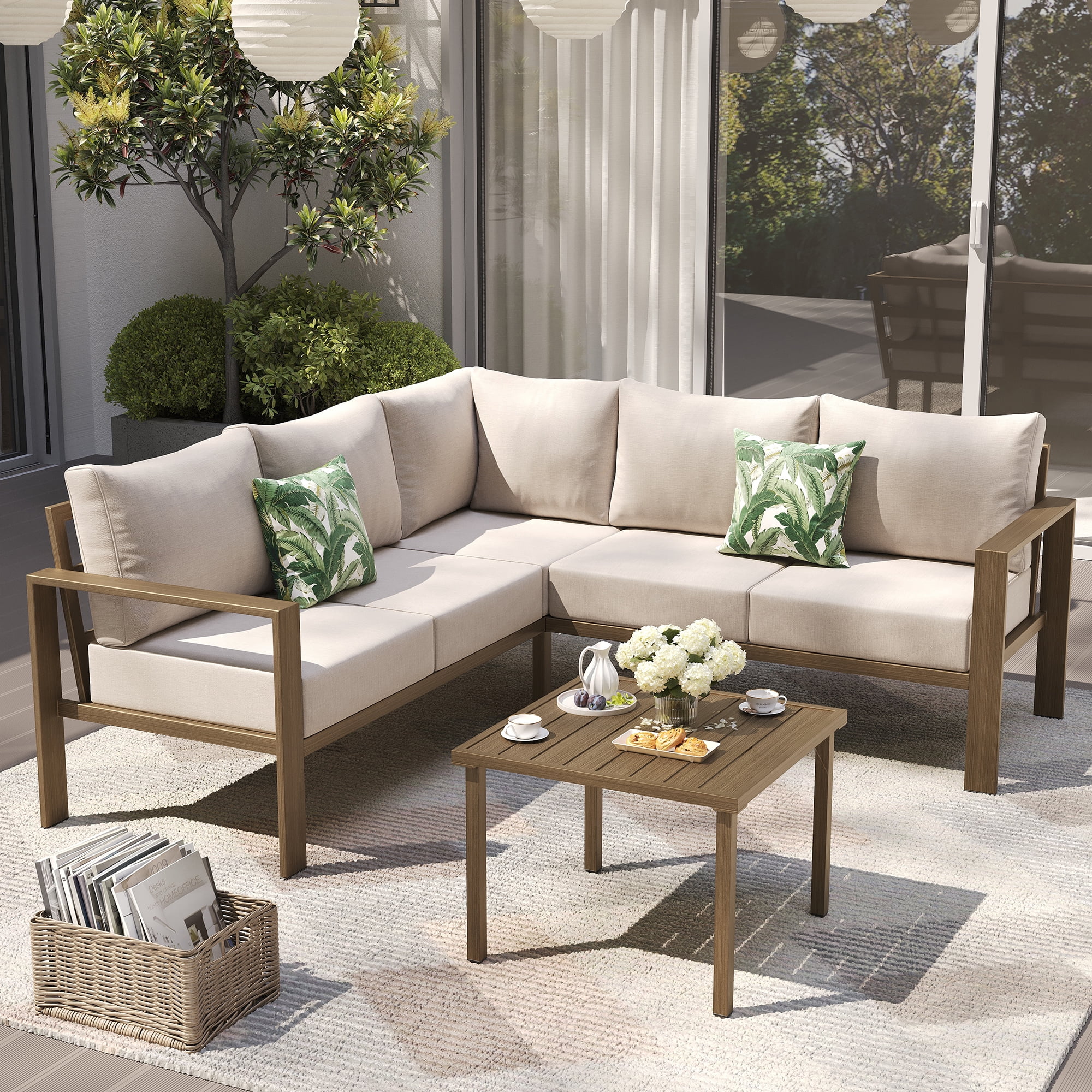 ELPOSUN 6 Pieces Patio Furniture Sets with 6" Thick Olefin Cushions, Metal Outdoor Sectional Furniture L Shape Patio Conversation Sets for Garden, Backyard Beige - Image 6