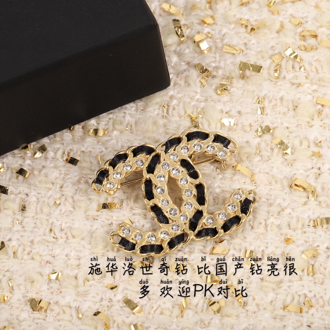 Chanel Leather Woven Diamond Paved Gold Brooch - Original Replica Club