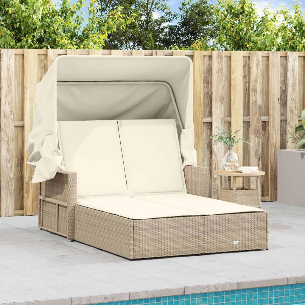 vidaXL Powder Coated Steel Removable Canopy and Cushions Double Sun Lounger, Beige - Image 41