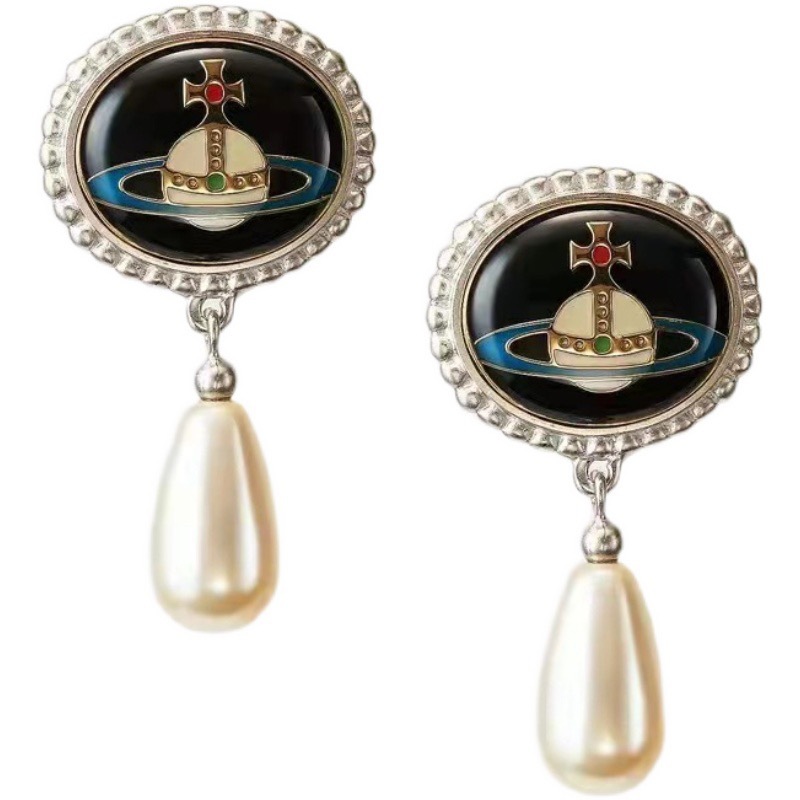 Vivienne Westwood Enamel Saturn Waterdrop Pearl Earrings - Original Replica Club