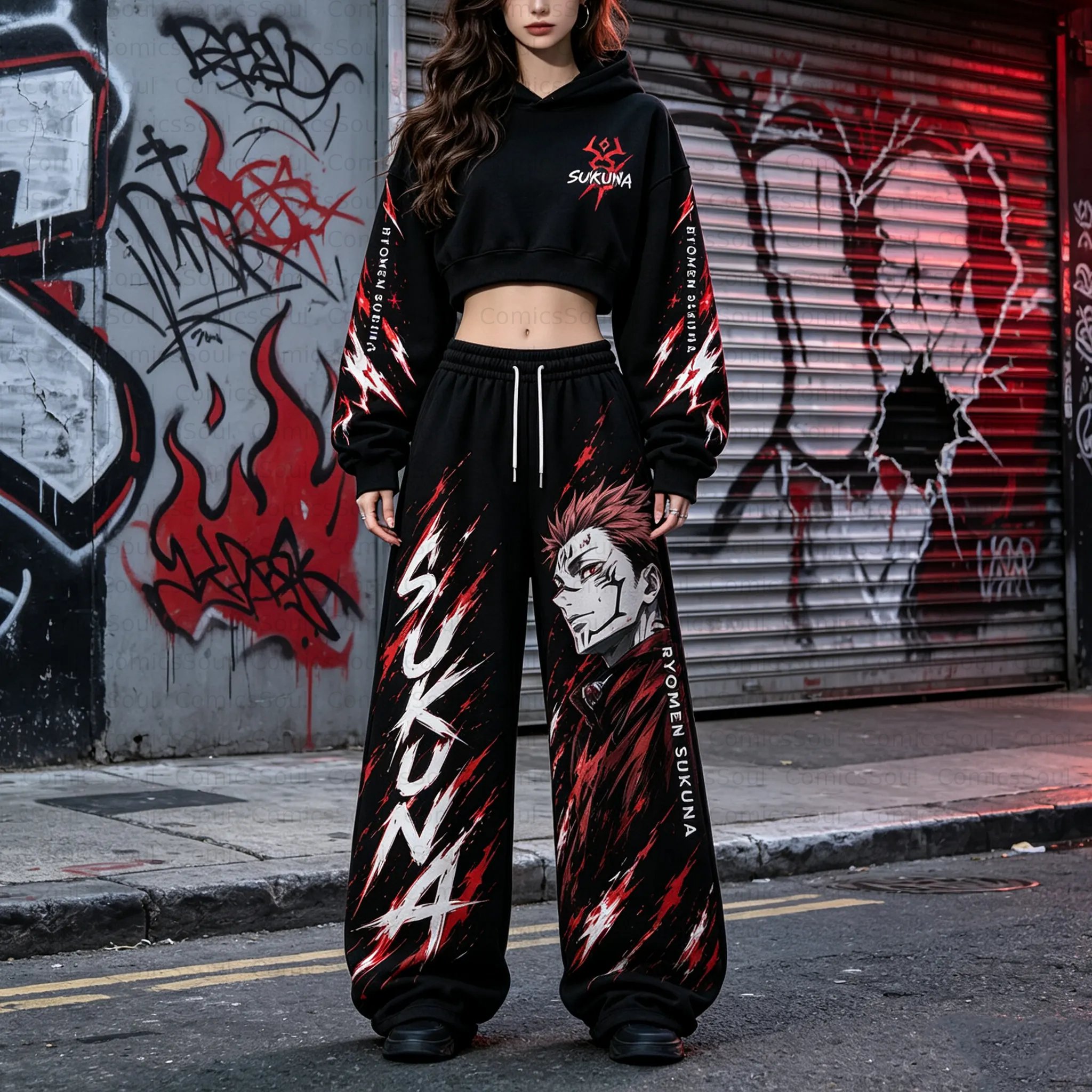 Jujutsu Kaisen Cropped Long Sleeve Hoodie & High Waist Jogger Pants Two Piece TeeThreads Sustain the Scene with Custom Apparel