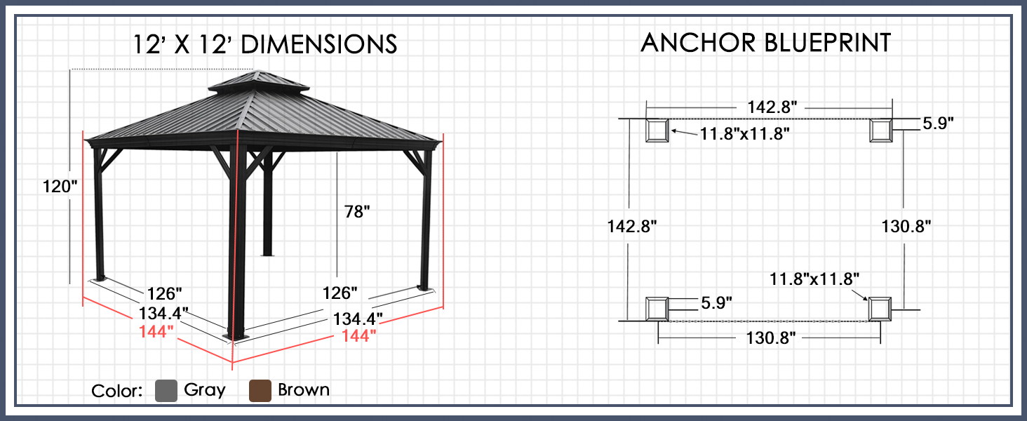 12' X 12' Gazebo Dimensions and Anchoring Blueprint