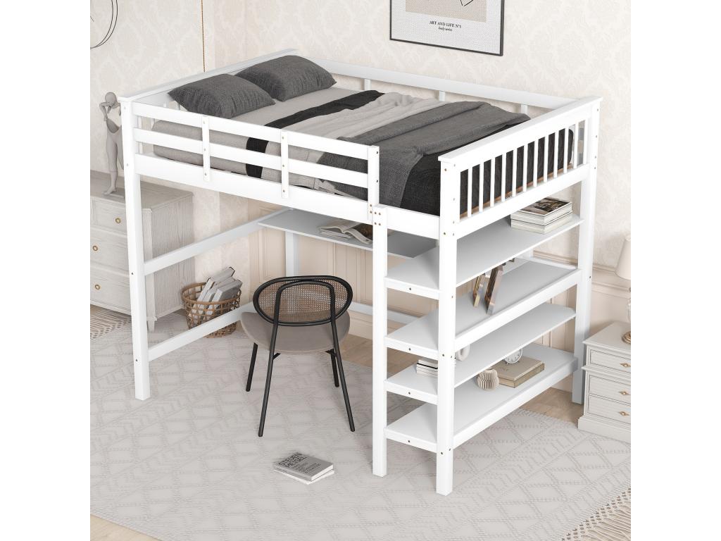 Cama entrepiso 140 x 200 cm - escritorio + estantes de almacenamiento - pino y MDF - blanco