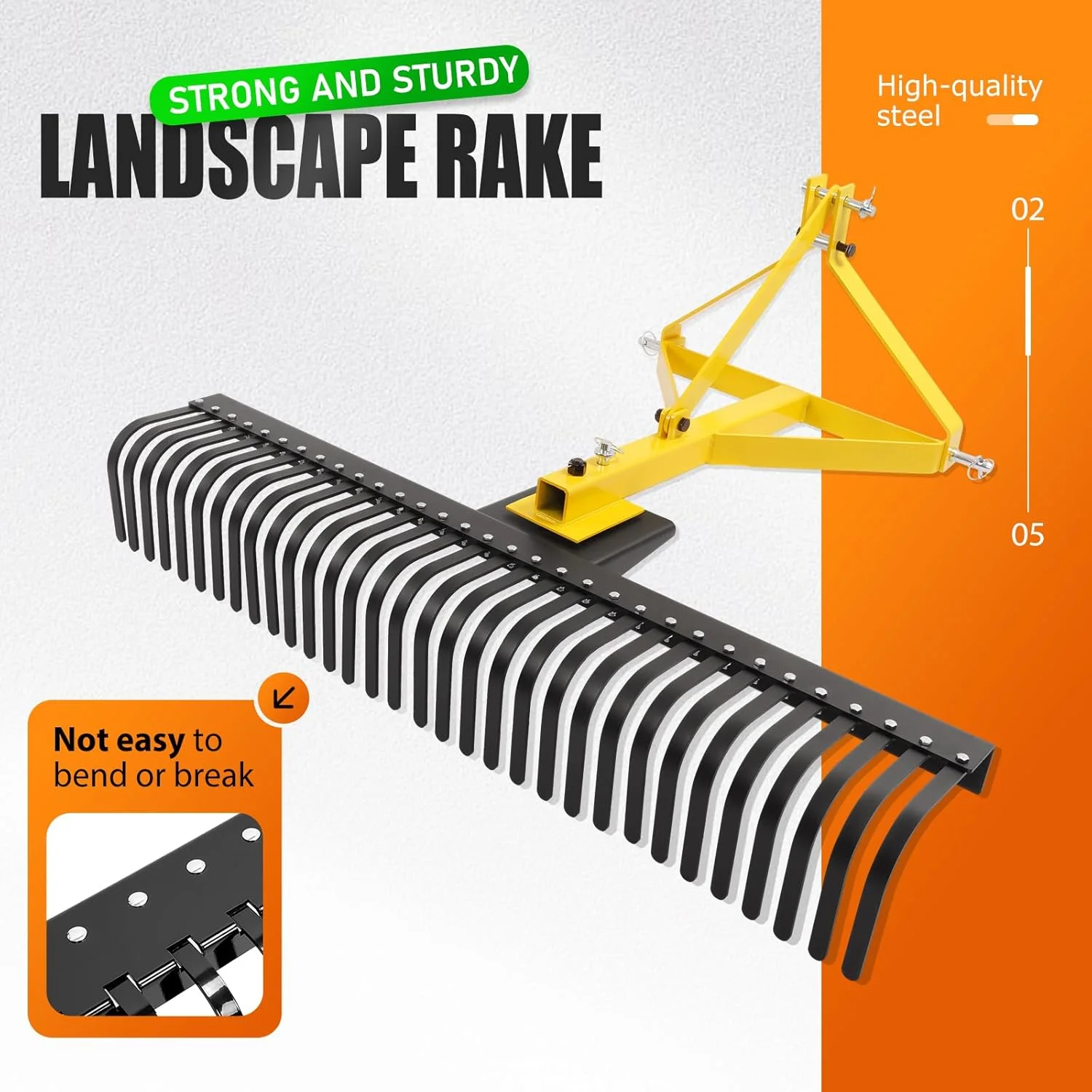 KOJEM 60In Landscape Rake 3 Point Rake 360 Degree Rotation Compatible with Category 1 Cat1 Compact Tractors Tow-Behind Garden Tool for Garden Farm Clearing Brush Raking Arenas 2 Package Yellow - Image 4