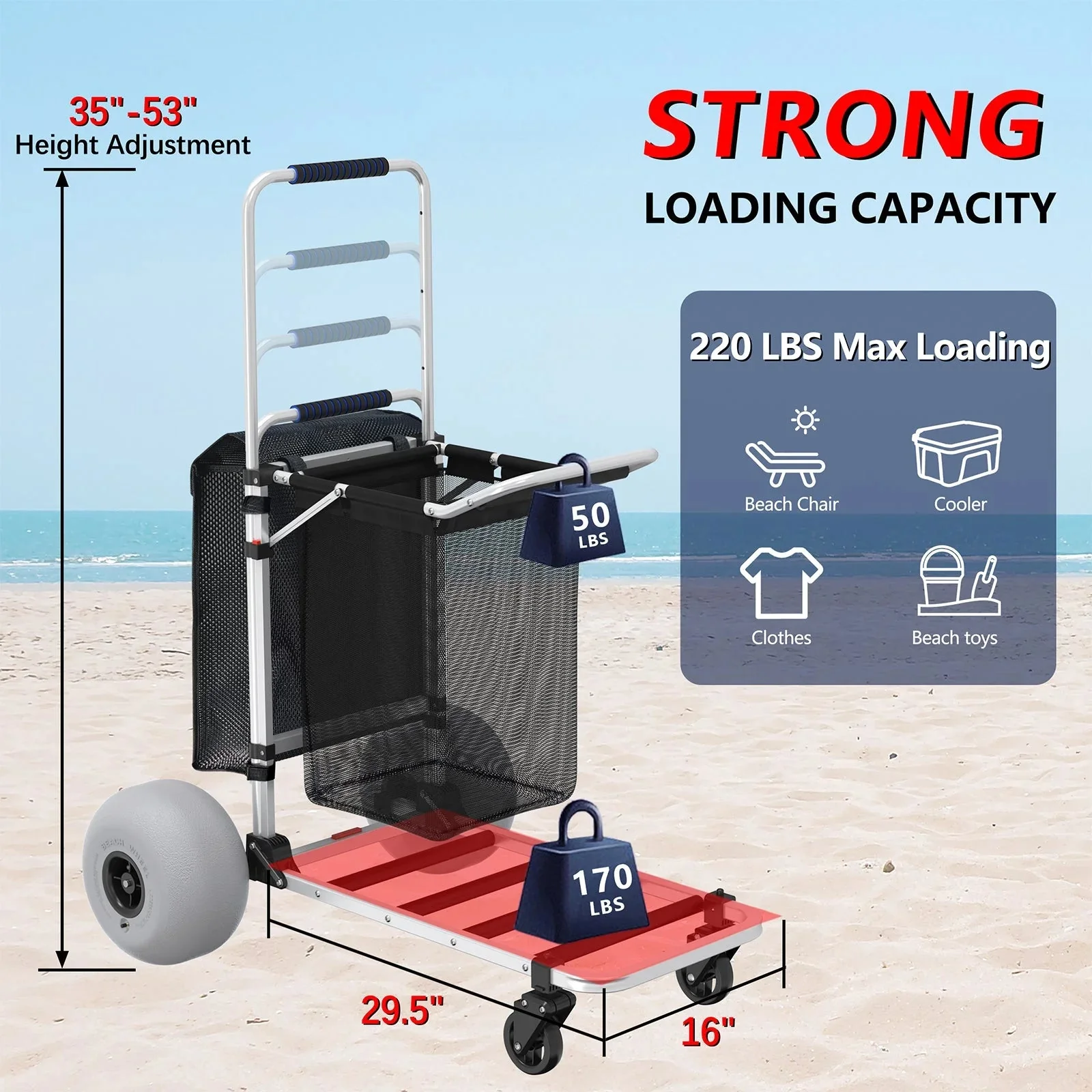 Foldable Beach Cart with Adjustable Handle and 12