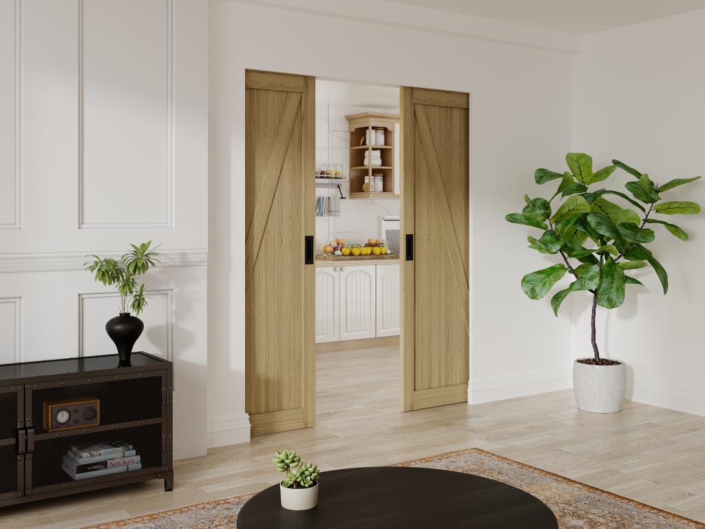 Puerta corredera doble con sistema de empotrado de madera y MDF - Natural claro - 2 x H205 x L63 cm - BALERMA