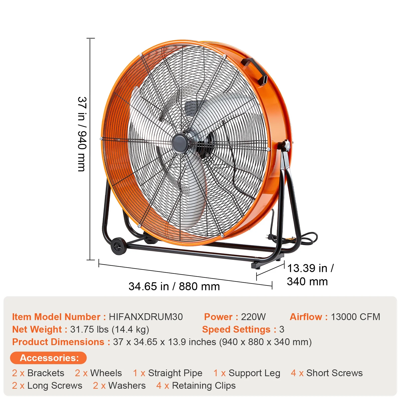KFFKFF Industrial Drum Fan, 30 Inch with High Speed, 3-Speed 13000CFM, Heavy Duty for Commercial Purposes, 360° Flexible Tilt Mechanism, Ideal for Warehouse, Workshop, Factory, and Basement - Image 8