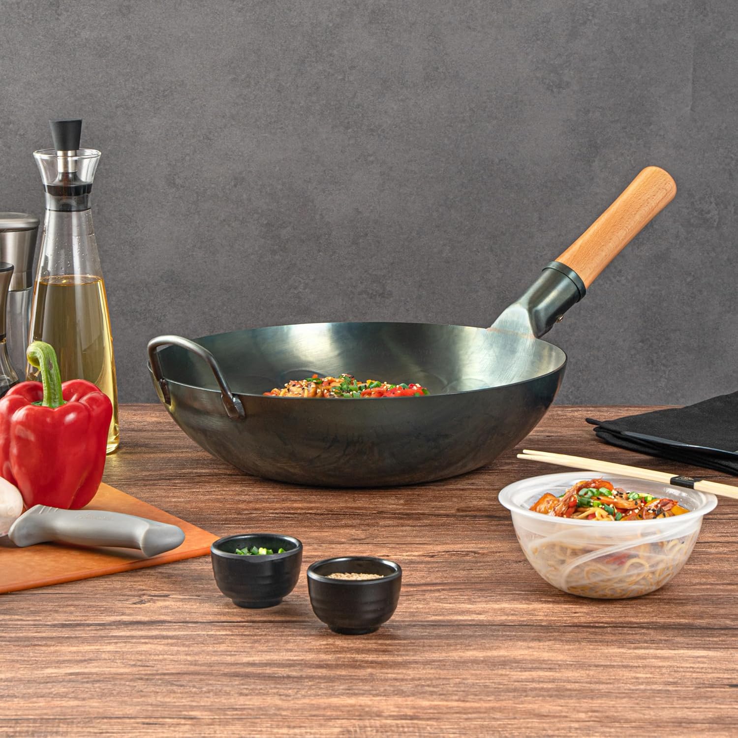 Restaurantware Carbon Steel Wok 1 Pack of 12 Inch Heavy-Duty Stir Fry Pan Blue Hand Hammered Wok Efficient Maneuvering Steel Helper Handle Uniform Heat Distribution Asian Cooking