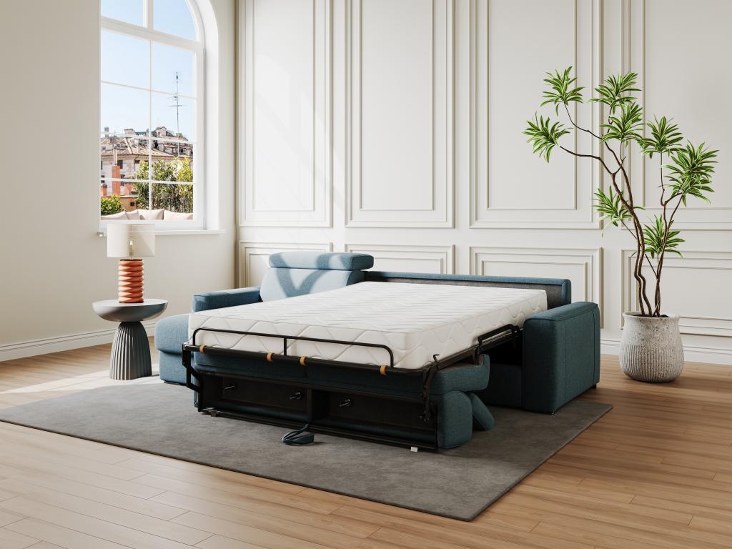 Sofá cama esquinero reversible tipo italiano de tela azul - Con láminas anchas de 160 cm - Colchón de 14 cm - VIZIR