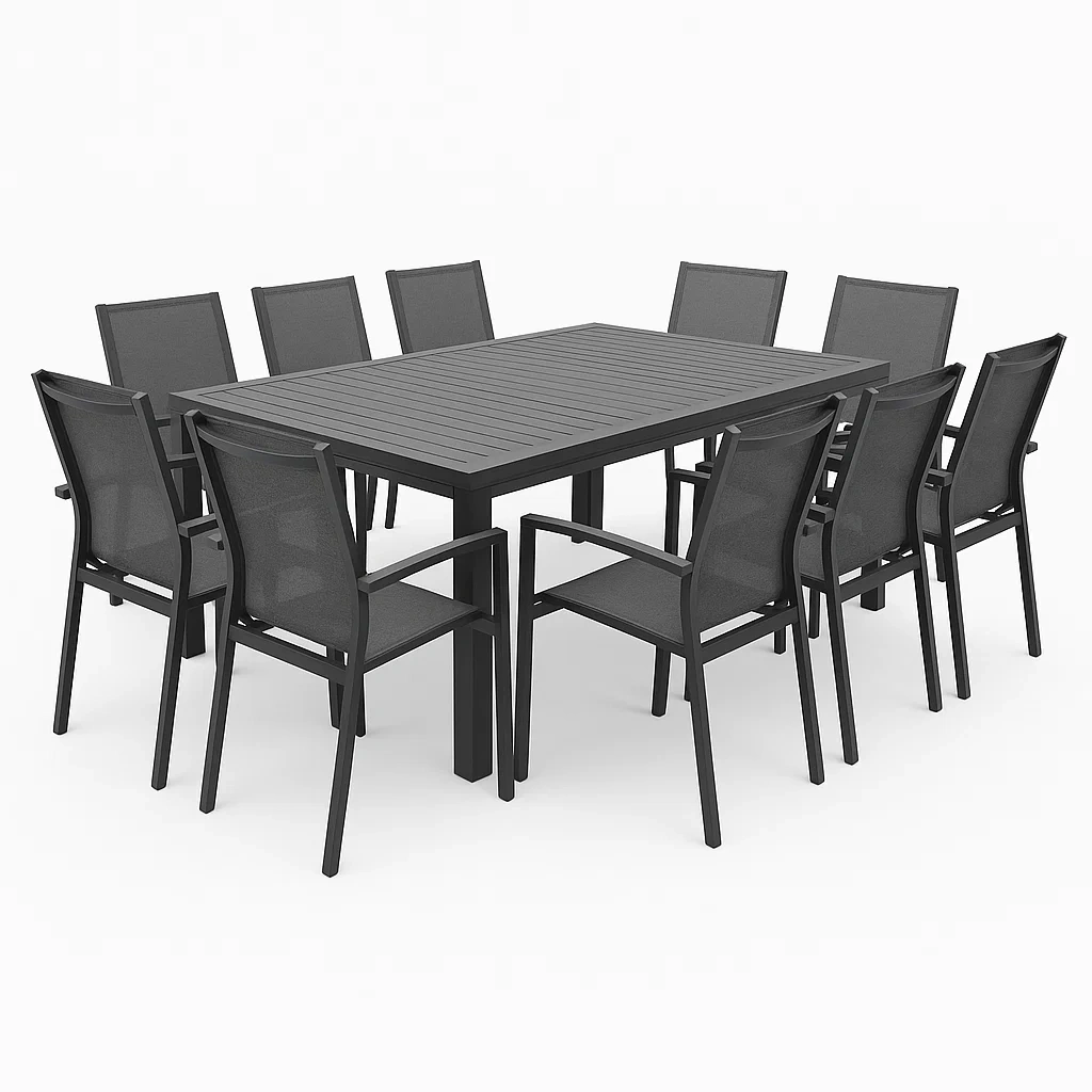 Conjunto de comedor de jardín para 10 personas, estructura de metal y textileno, 10 sillas, 1 mesa, Negro - ZXvSmtw189Ws