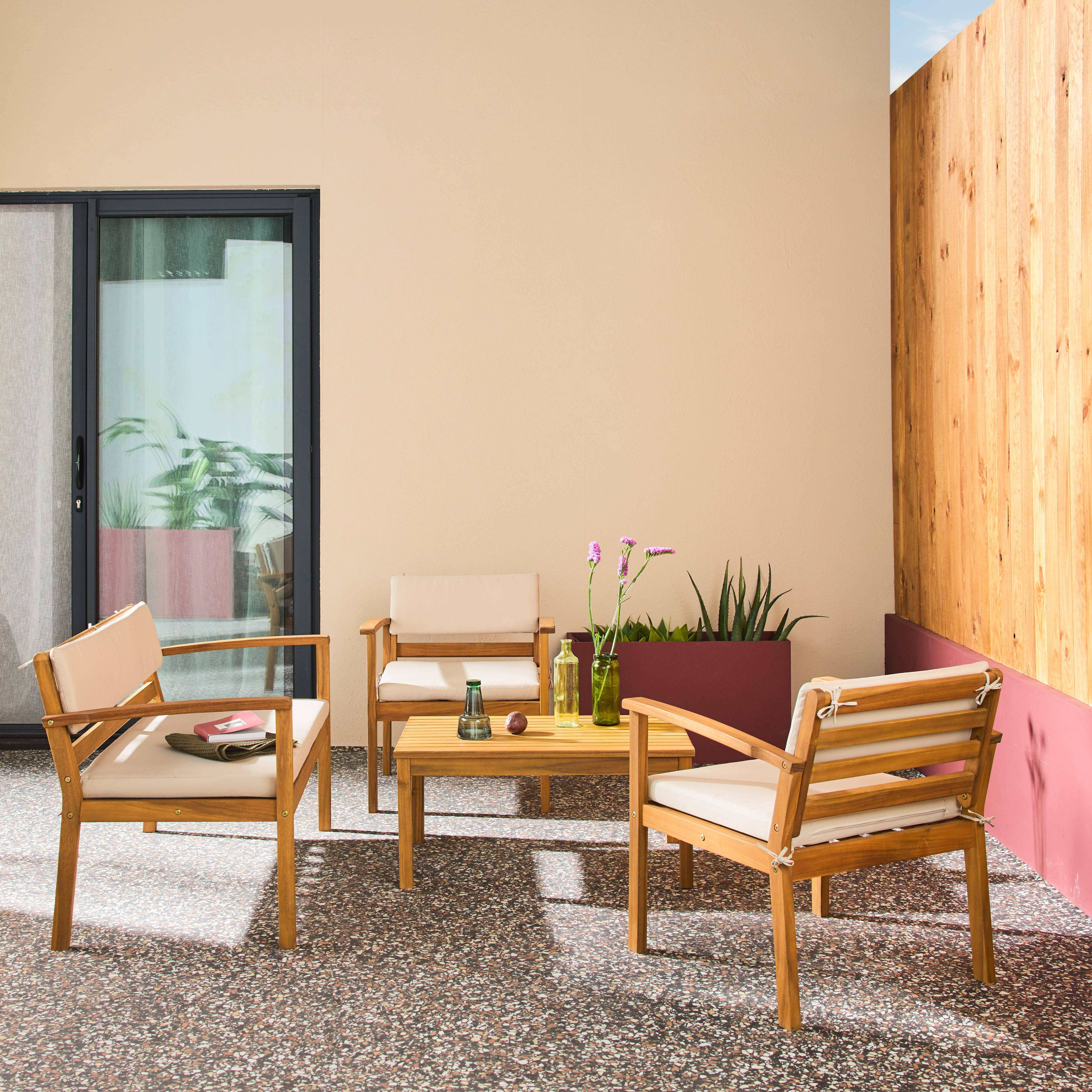 Komoda - Conjunto de jardín de madera de acacia, 4 plazas